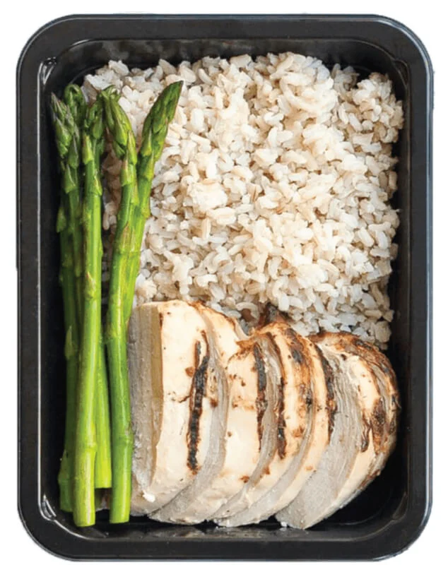 A healthy meal consisting of grilled chicken breast, brown rice, and steamed asparagus, providing a balanced mix of protein, carbohydrates, and fats.