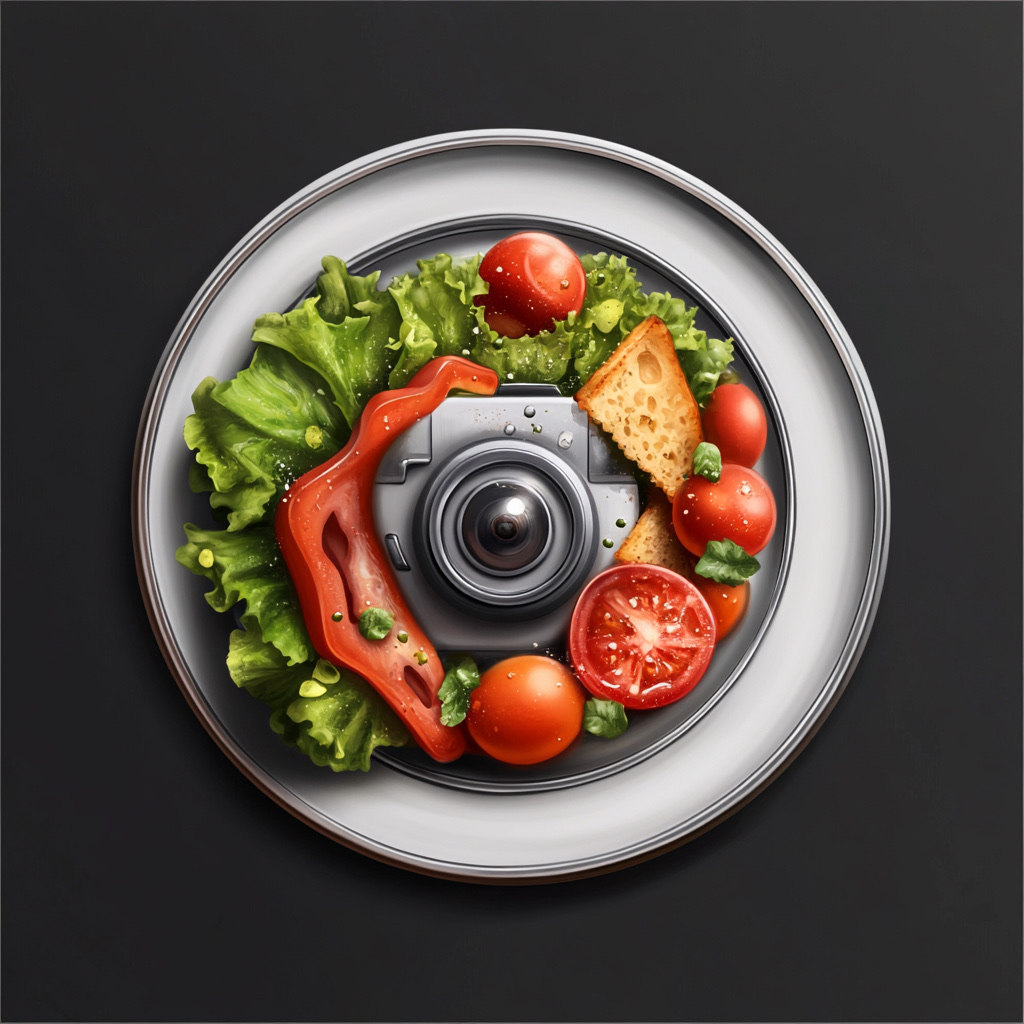 A healthy salad with lettuce, tomatoes, bell peppers, and croutons, arranged creatively around a camera lens.