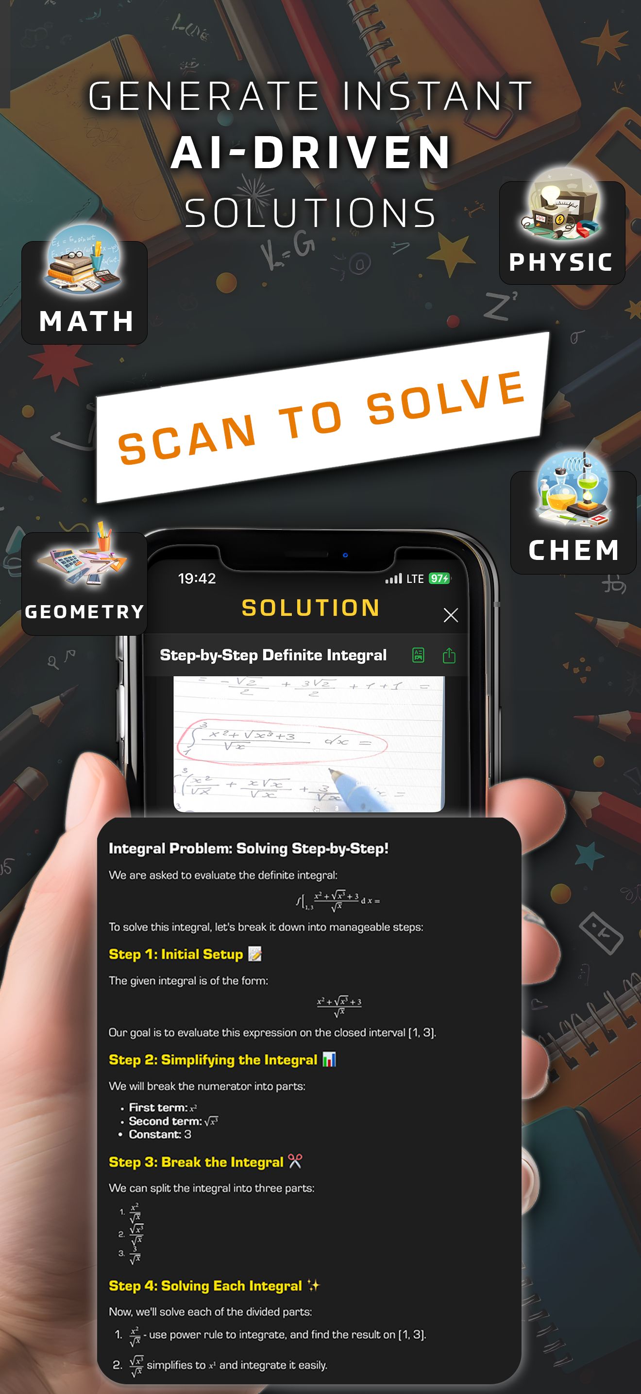 The image promotes an AI-driven solution generator for subjects like math, physics, geometry, and chemistry. It showcases a step-by-step solution for a definite integral problem.