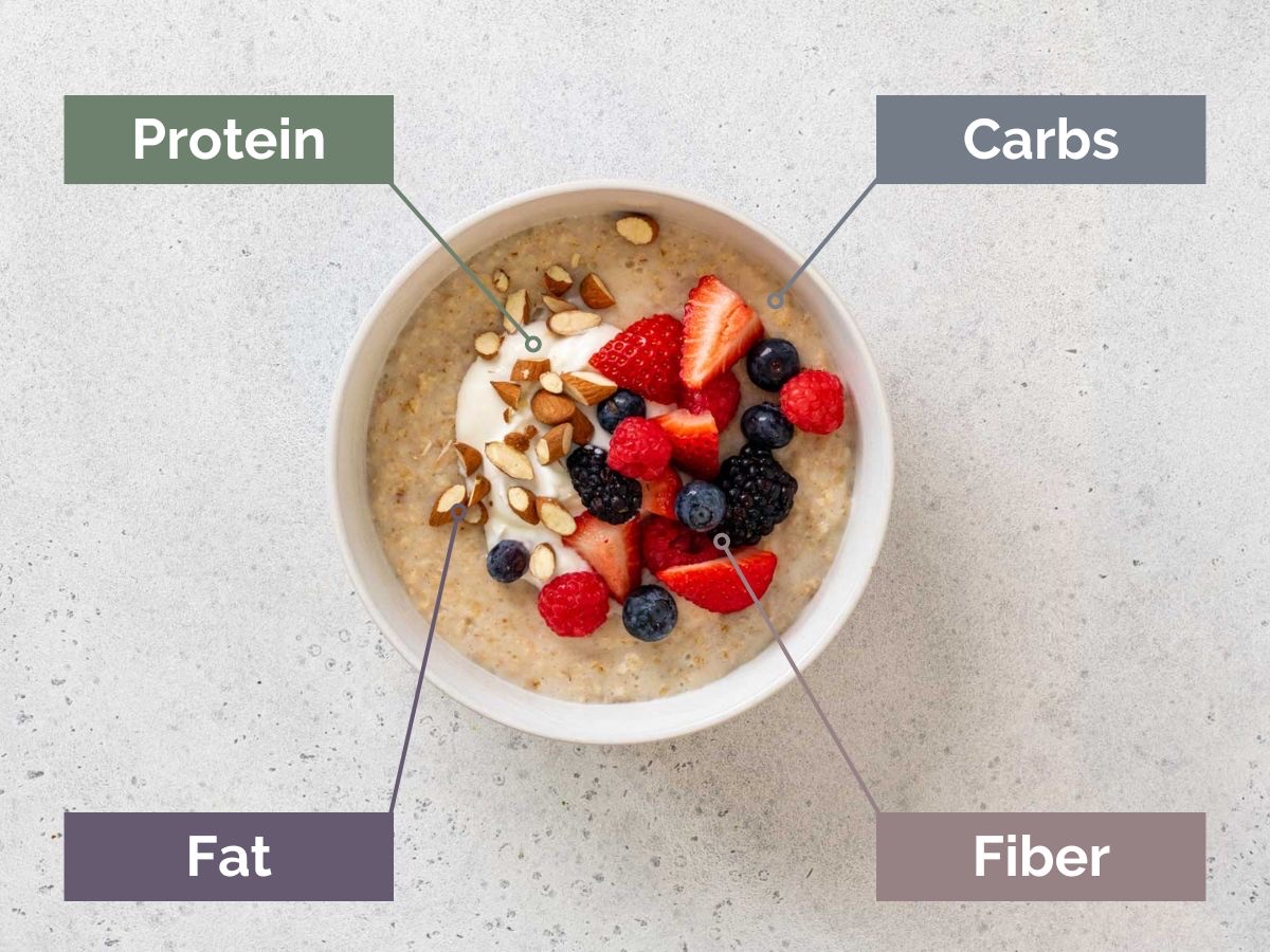 A bowl of oatmeal topped with mixed berries and nuts, providing a balanced mix of protein, carbs, fats, and fiber.