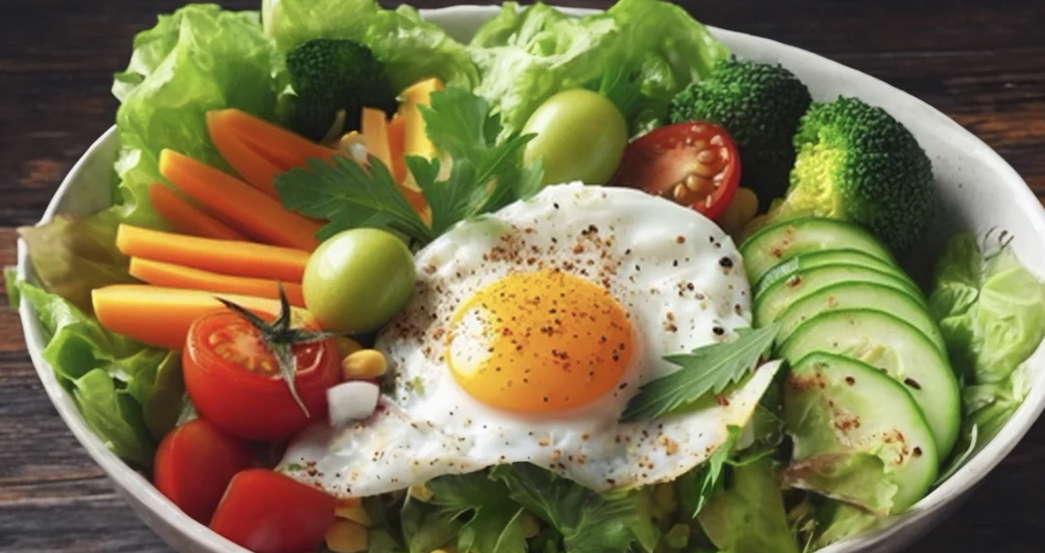 A healthy salad bowl containing a fried egg, fresh vegetables like lettuce, carrots, tomatoes, cucumbers, broccoli, and green grapes.