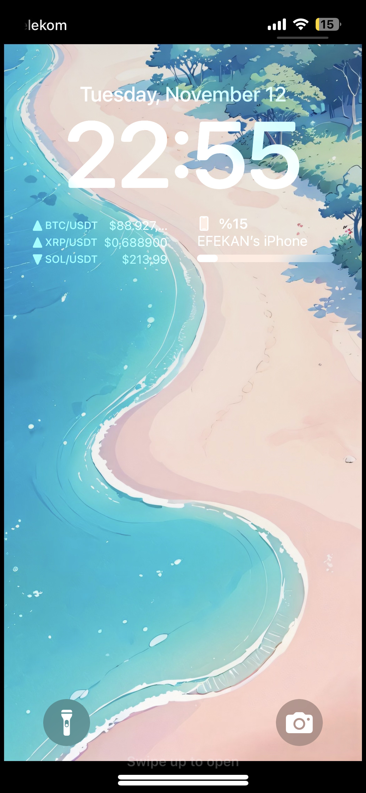 The image shows a phone lock screen with a beach-themed wallpaper, cryptocurrency prices, and battery status.