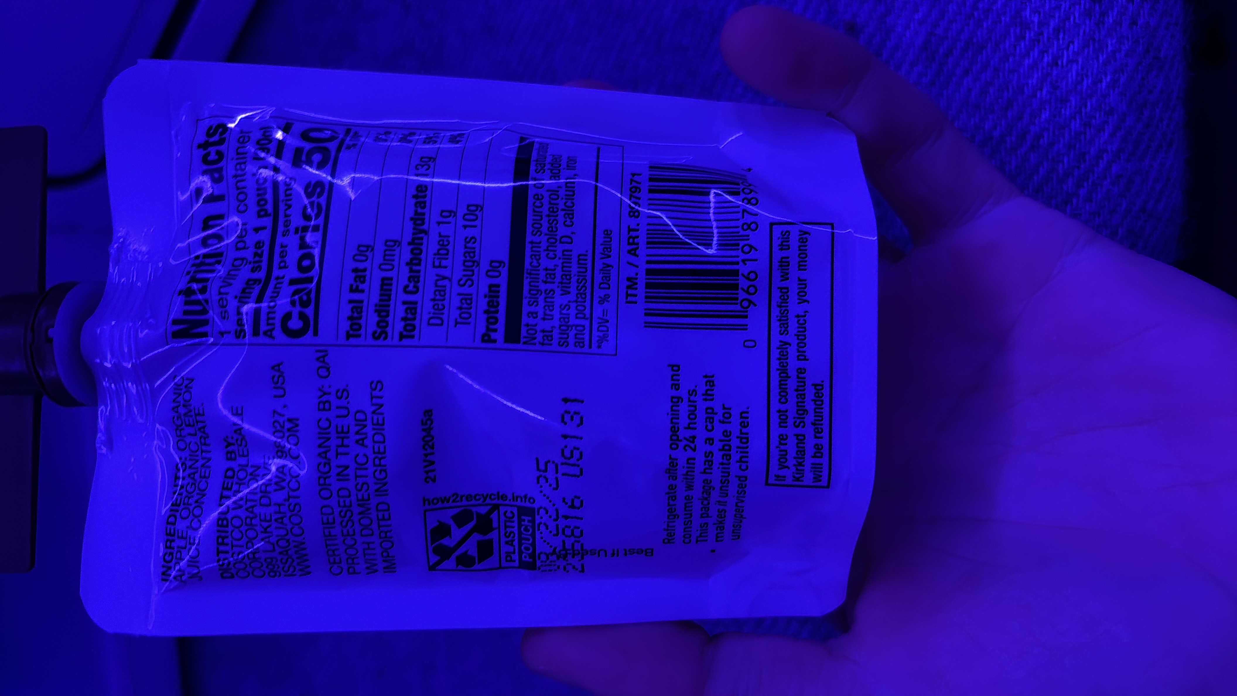 This product contains 50 calories per serving, with no fats or protein, and 13g of carbohydrates. It is made from organic apple and organic lemon juice concentrate.