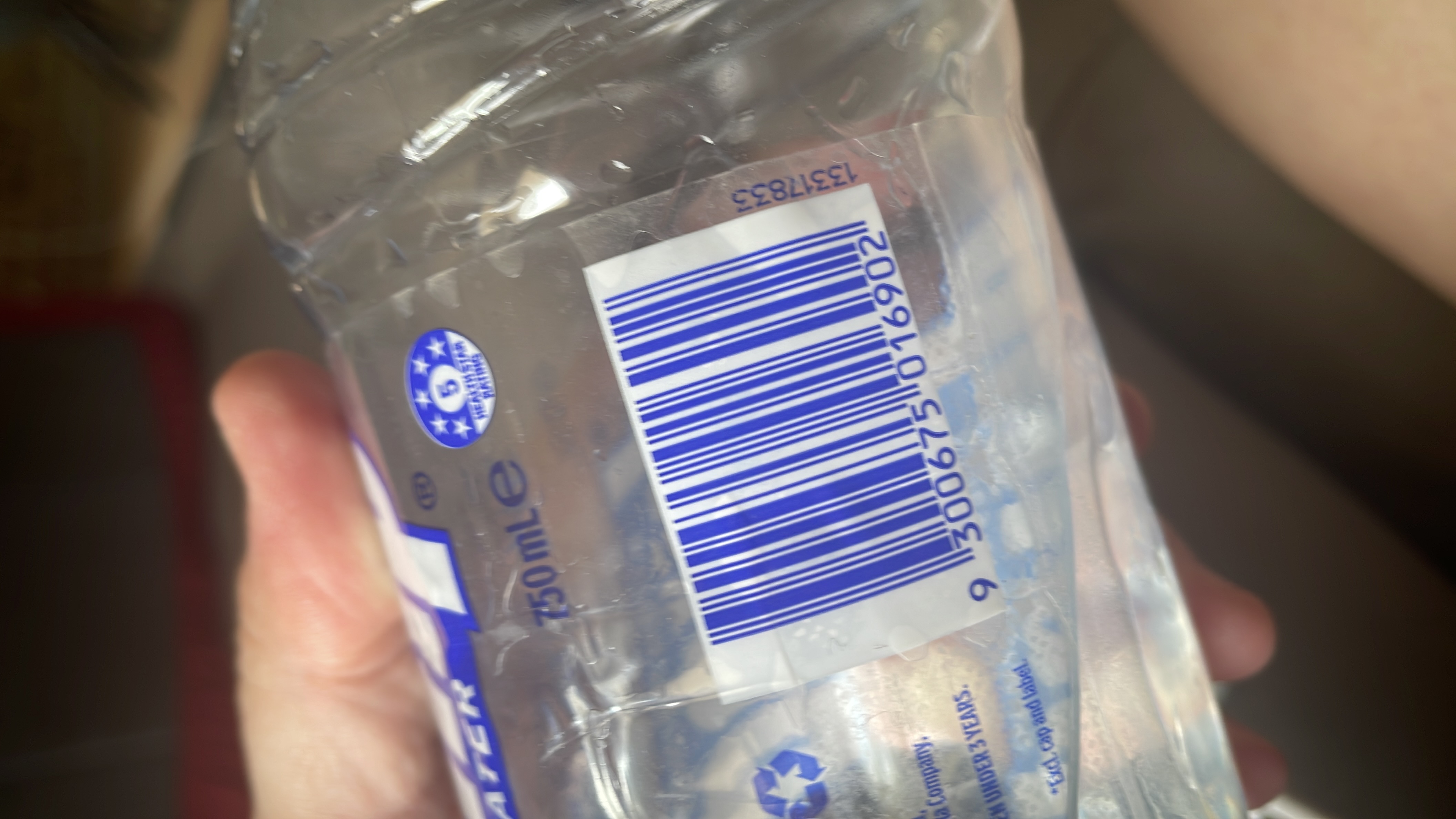 This is a bottle of water with no calories, protein, carbs, or fats, and a high health score.
