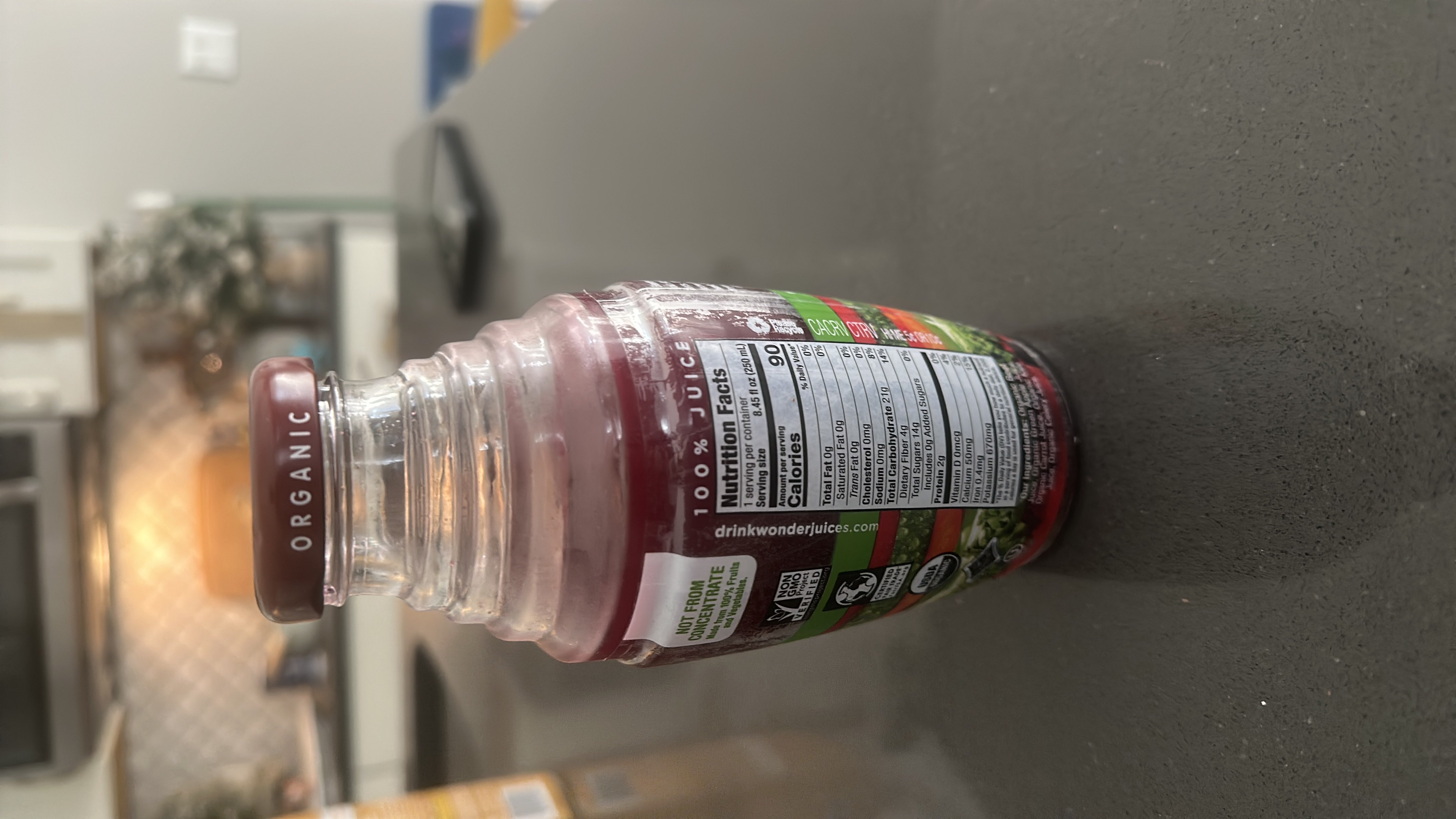 This is an organic juice blend containing grape, carrot, beet, celery, and cucumber juices. It is low in calories and fats, with a moderate amount of carbohydrates and a small amount of protein.