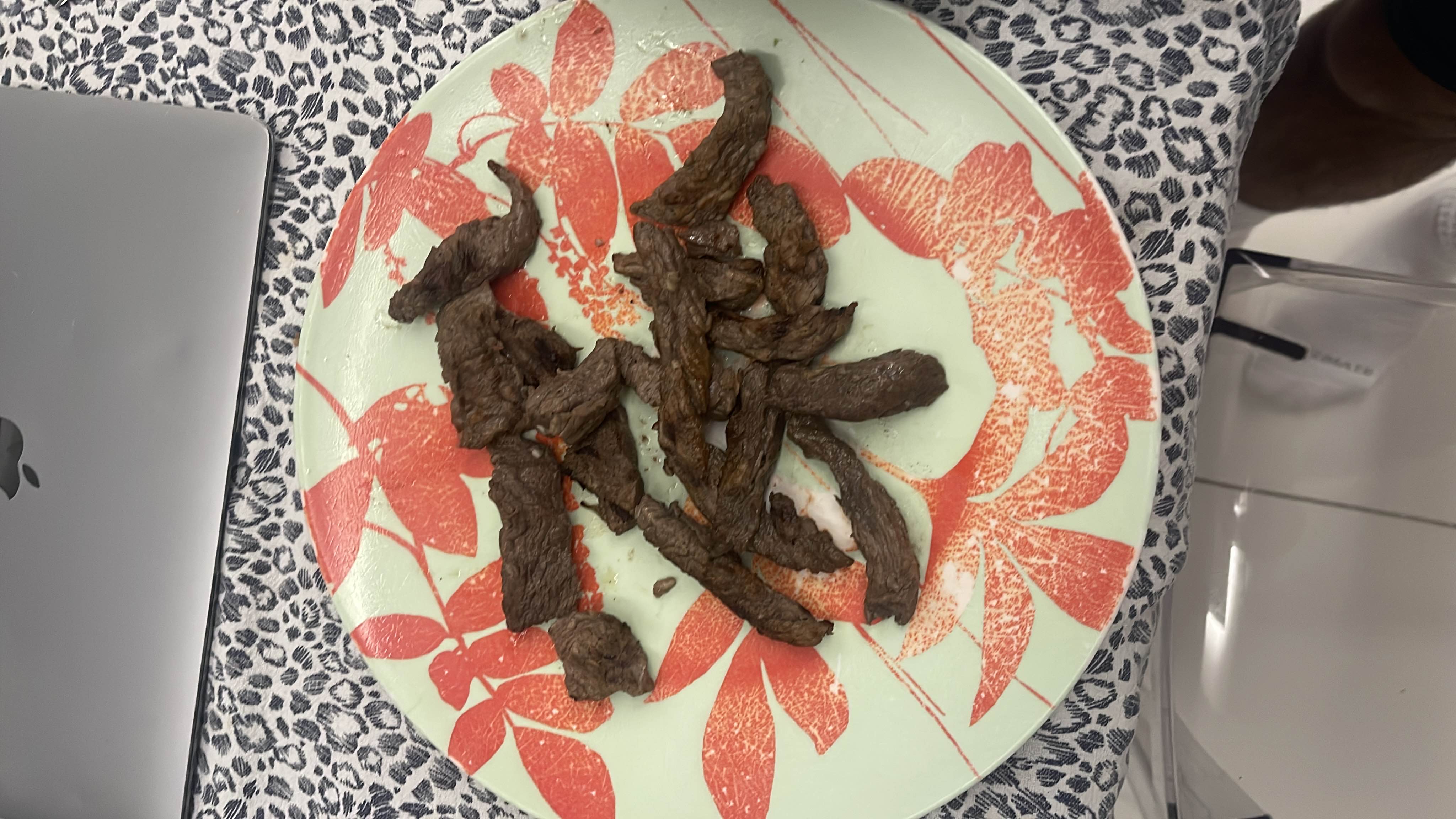 A plate of cooked beef strips, high in protein and fats, with no carbohydrates.