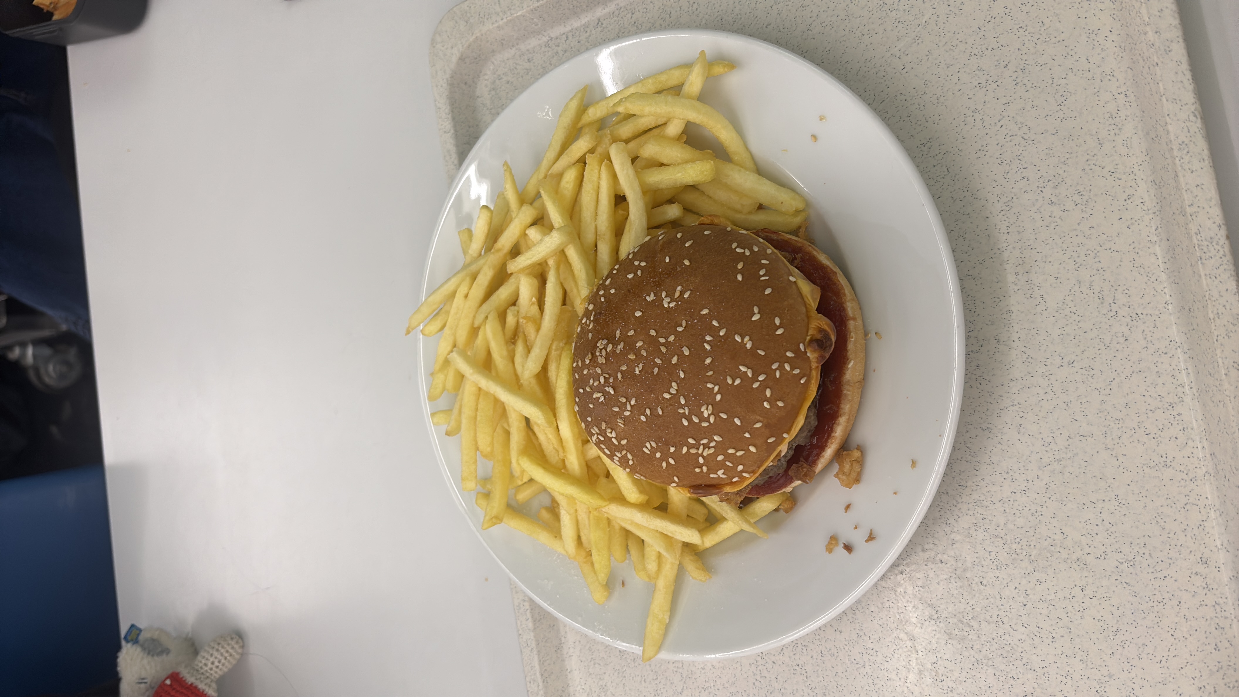 A plate containing a cheeseburger with sesame seed bun and a side of French fries.