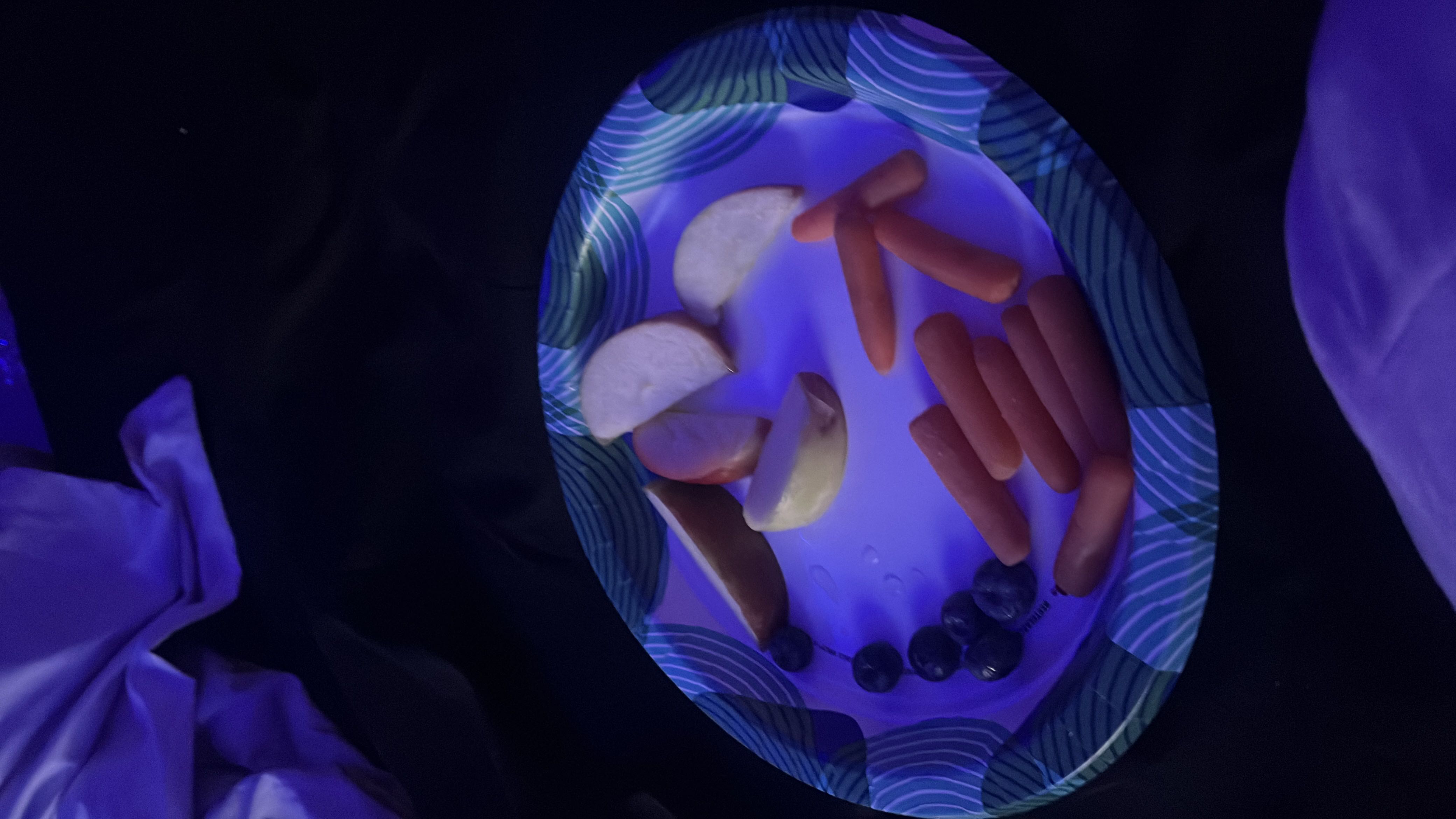 A plate containing apple slices, baby carrots, and blueberries, offering a low-calorie, nutrient-rich snack.