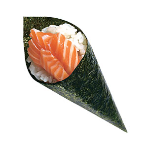 A hand-rolled sushi cone made with salmon, rice, and seaweed, offering a balanced nutritional profile.