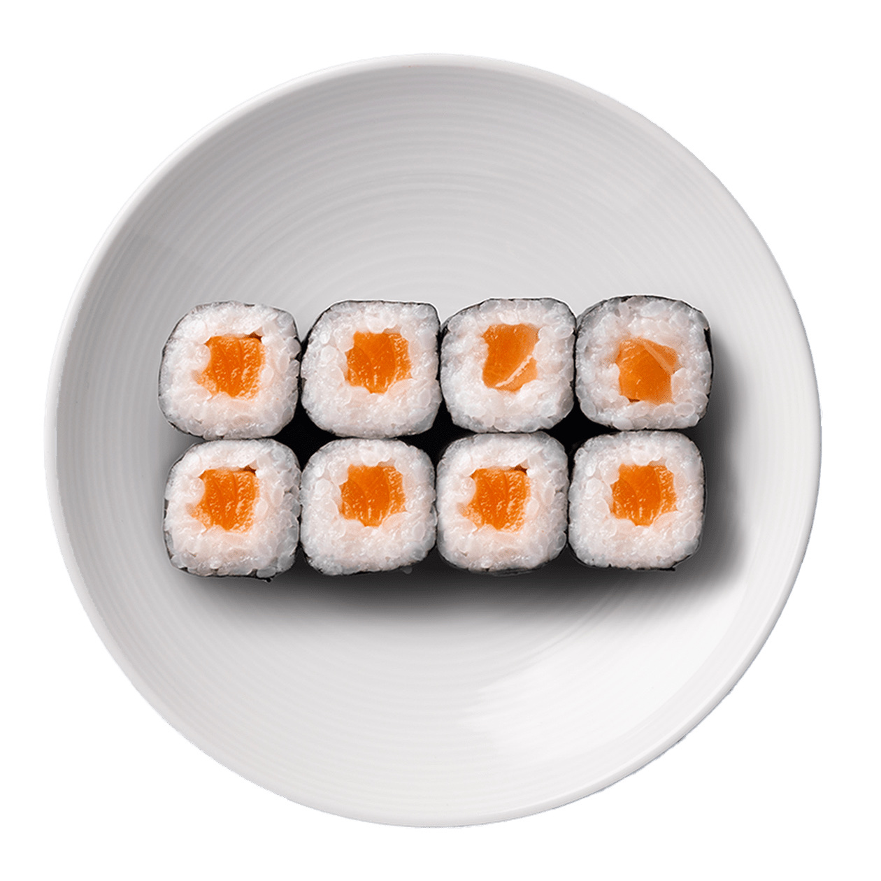 This image shows a plate of salmon sushi rolls, which are a healthy and balanced meal option.