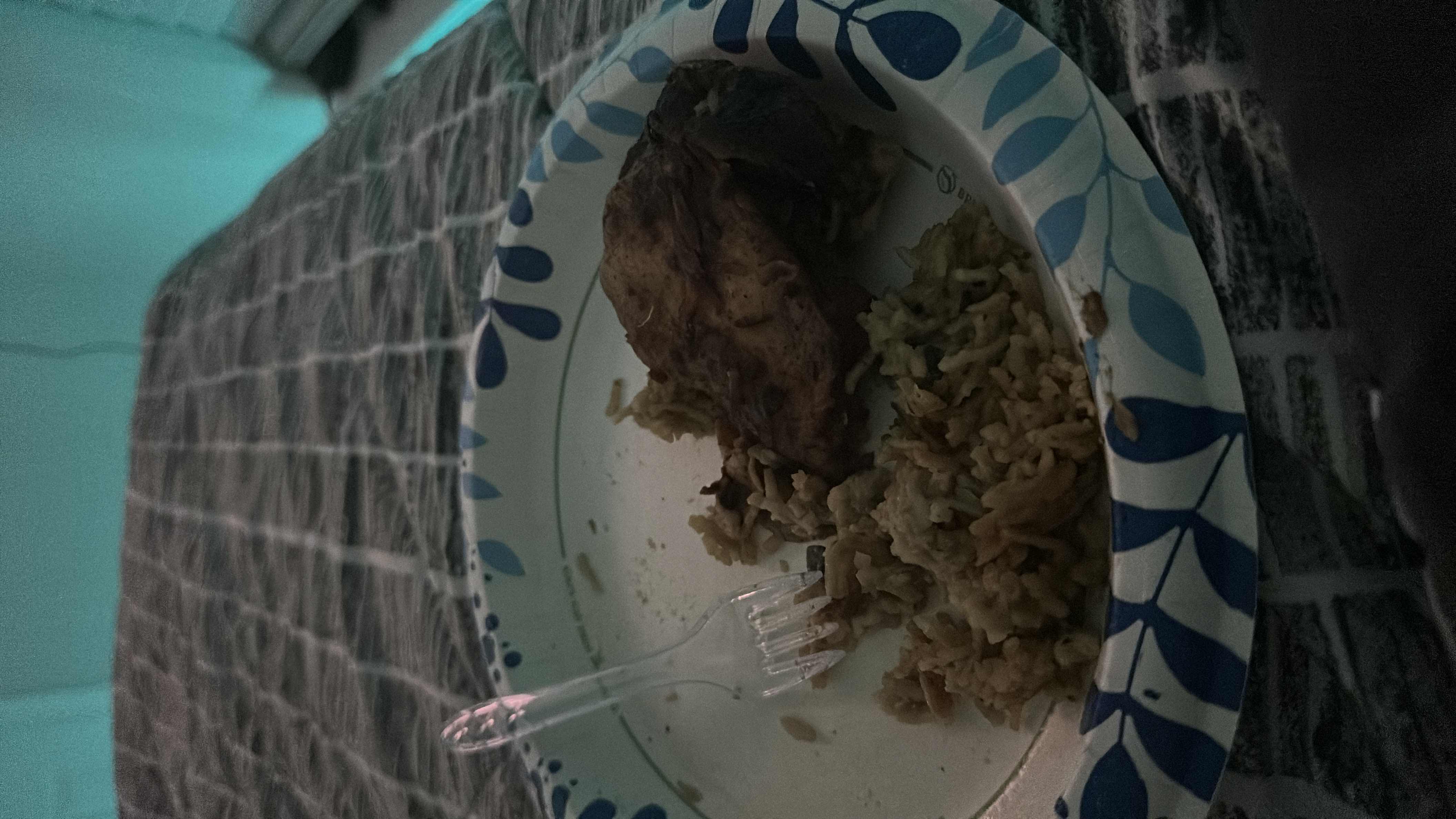 A plate containing grilled chicken and rice, providing a balanced meal with moderate calories and protein.