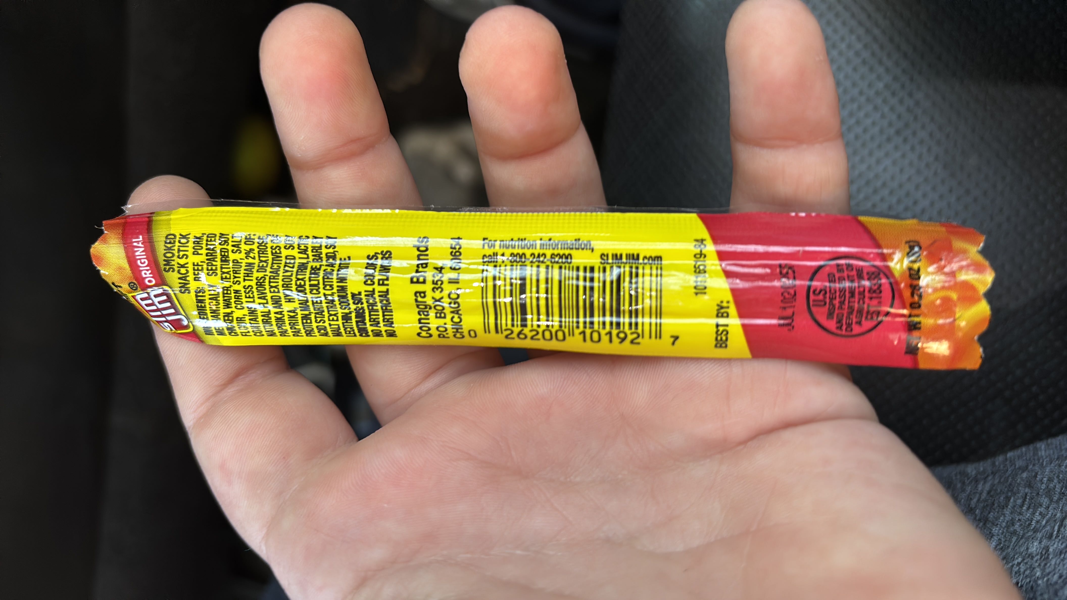 A smoked snack stick made from beef and pork, containing 40 calories per serving with minimal carbs and moderate fats.