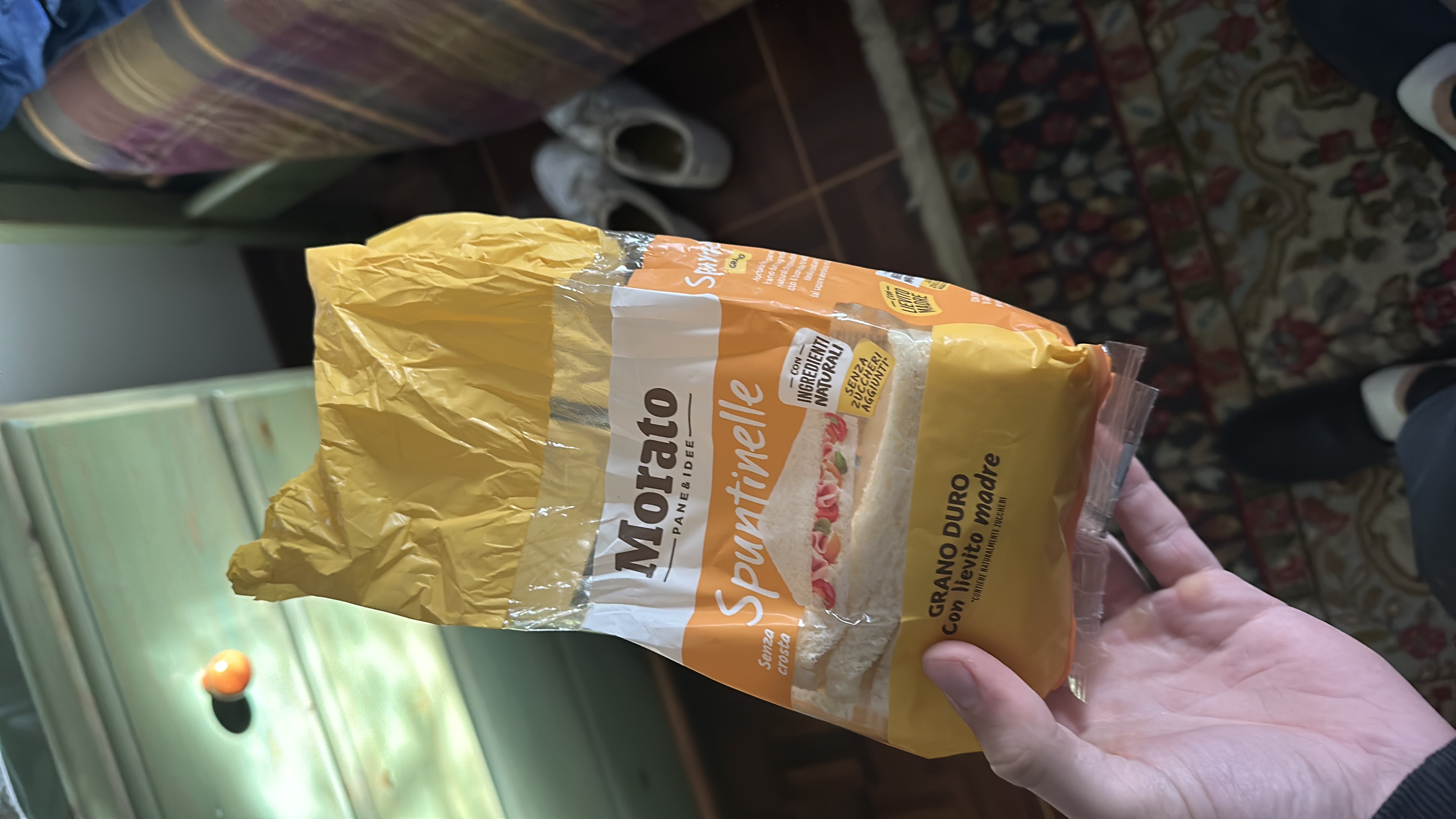 This is a package of Morato Spuntinelle, a crustless bread made with durum wheat and natural yeast, containing no added sugars or artificial ingredients.