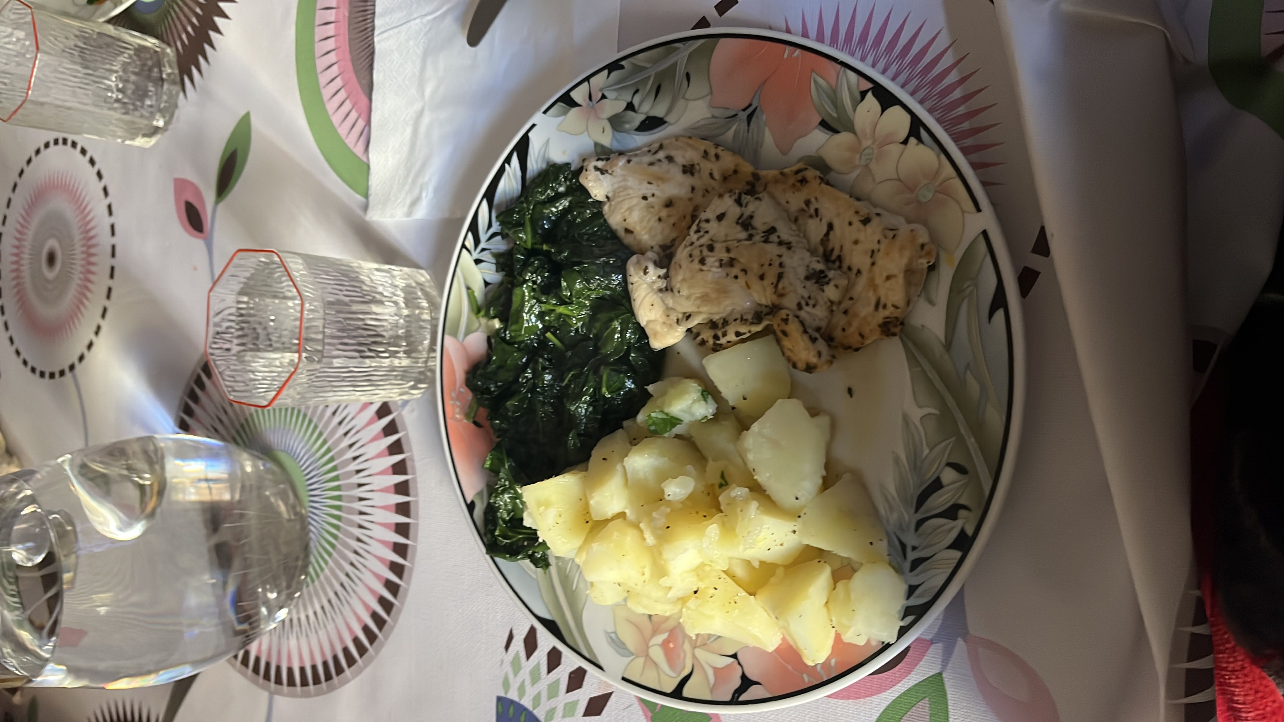 A balanced plate containing chicken breast, boiled potatoes, and cooked spinach.