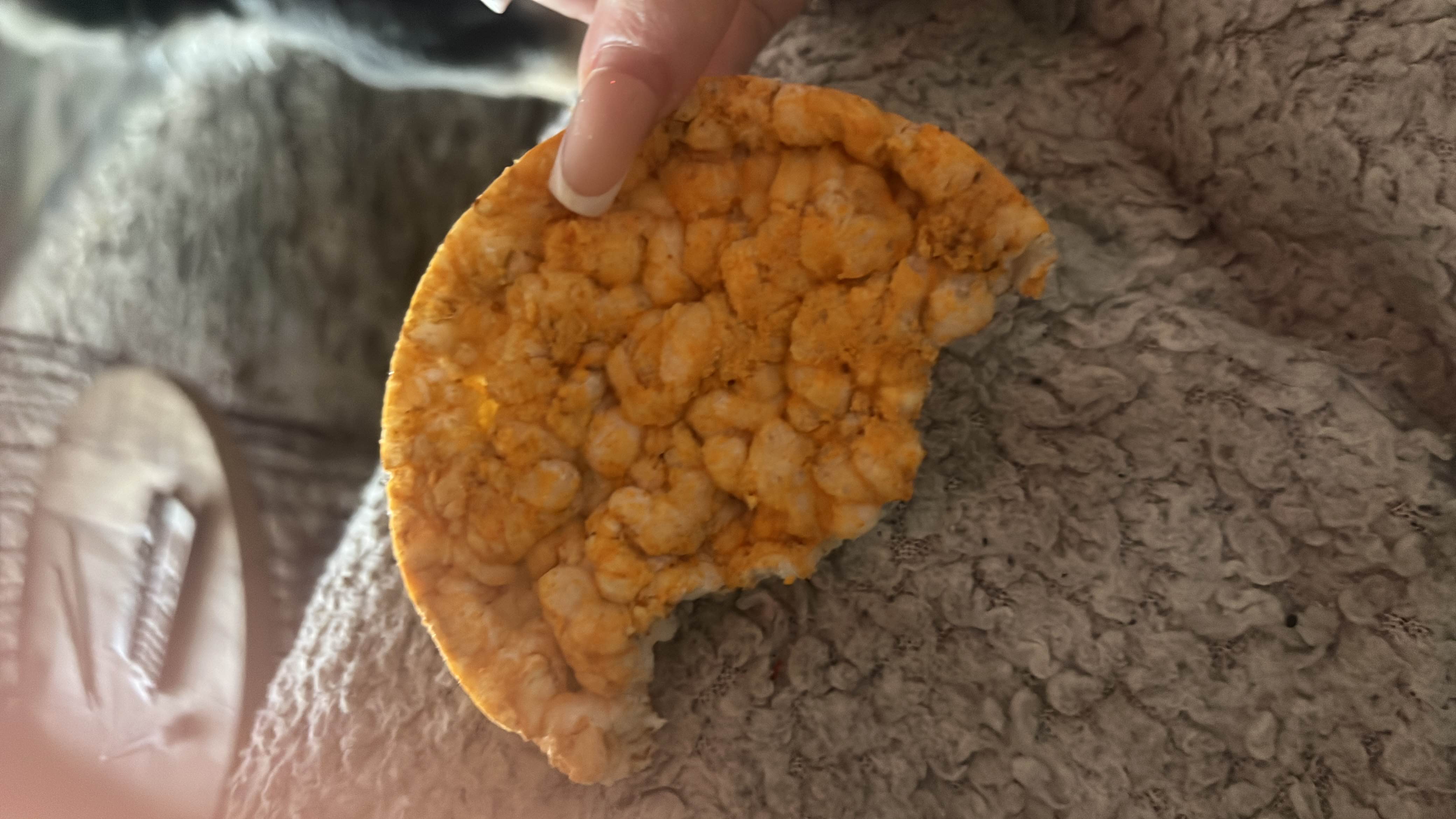 A single cheddar-flavored rice cake with a seasoned topping.