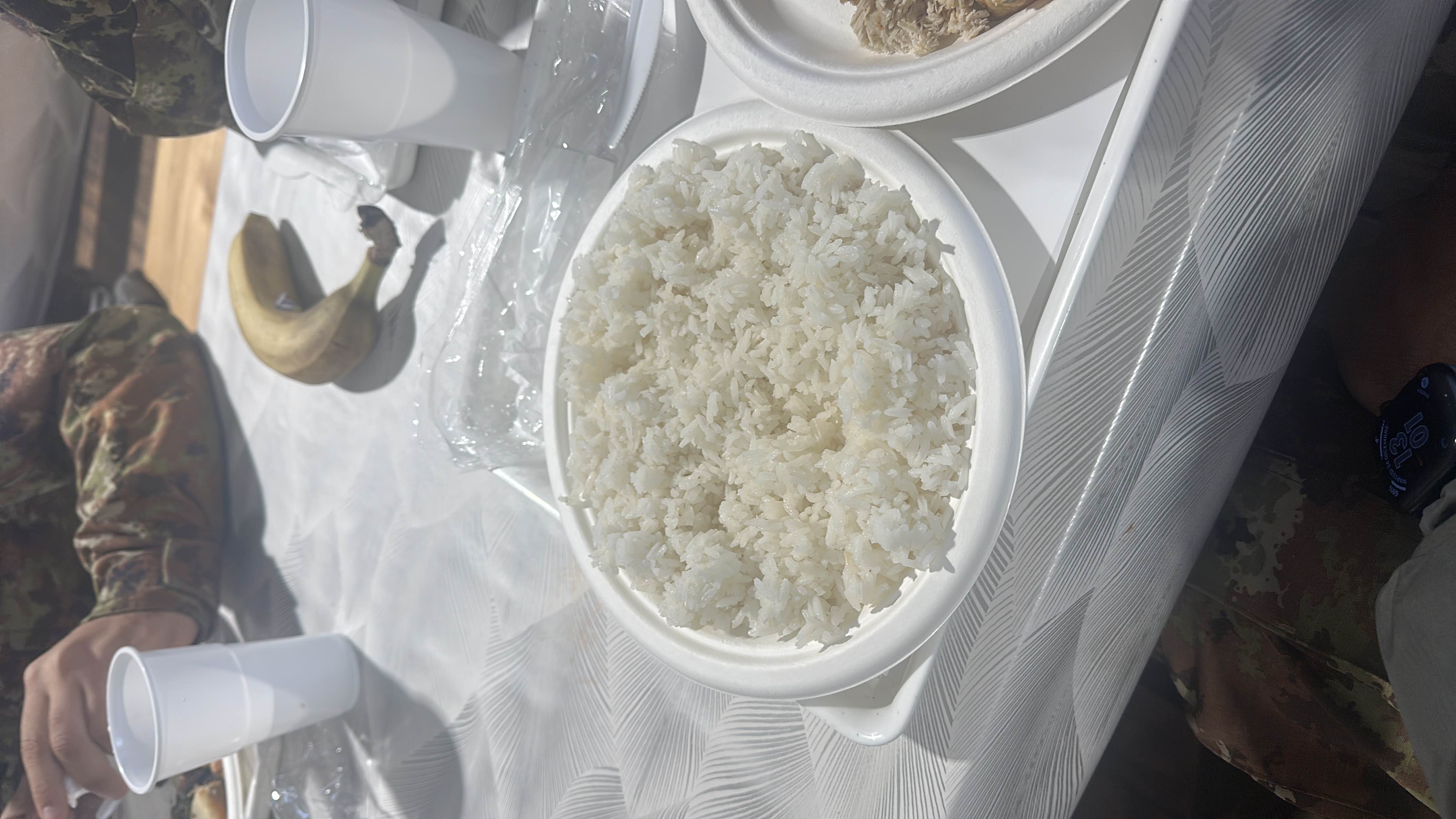 A plate of white rice served with shredded chicken and a banana.
