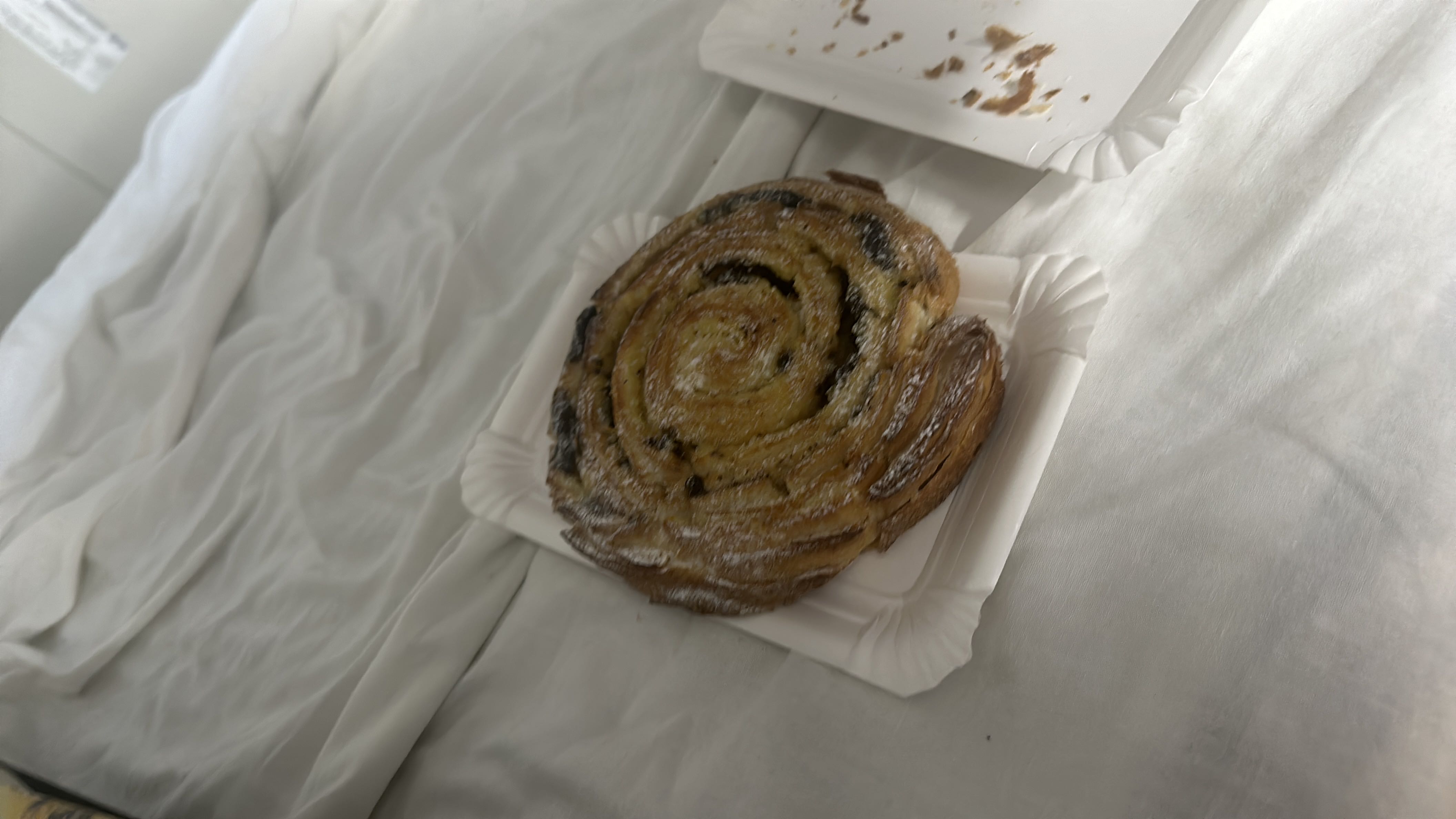 A sweet spiral pastry dusted with powdered sugar, featuring a flaky texture and likely containing raisins.