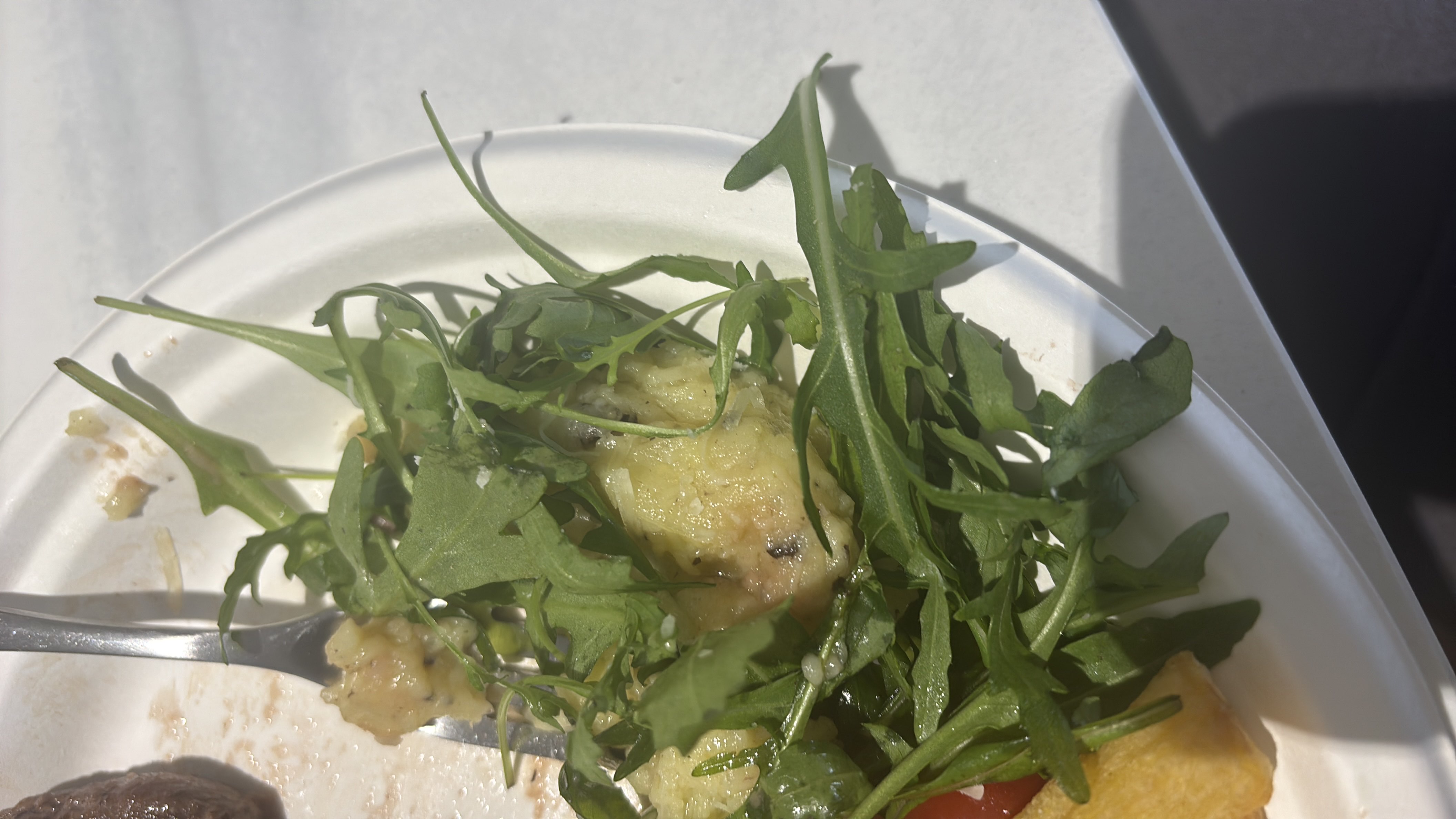 A plate featuring steak, mashed potatoes, arugula, tomatoes, and polenta cubes.