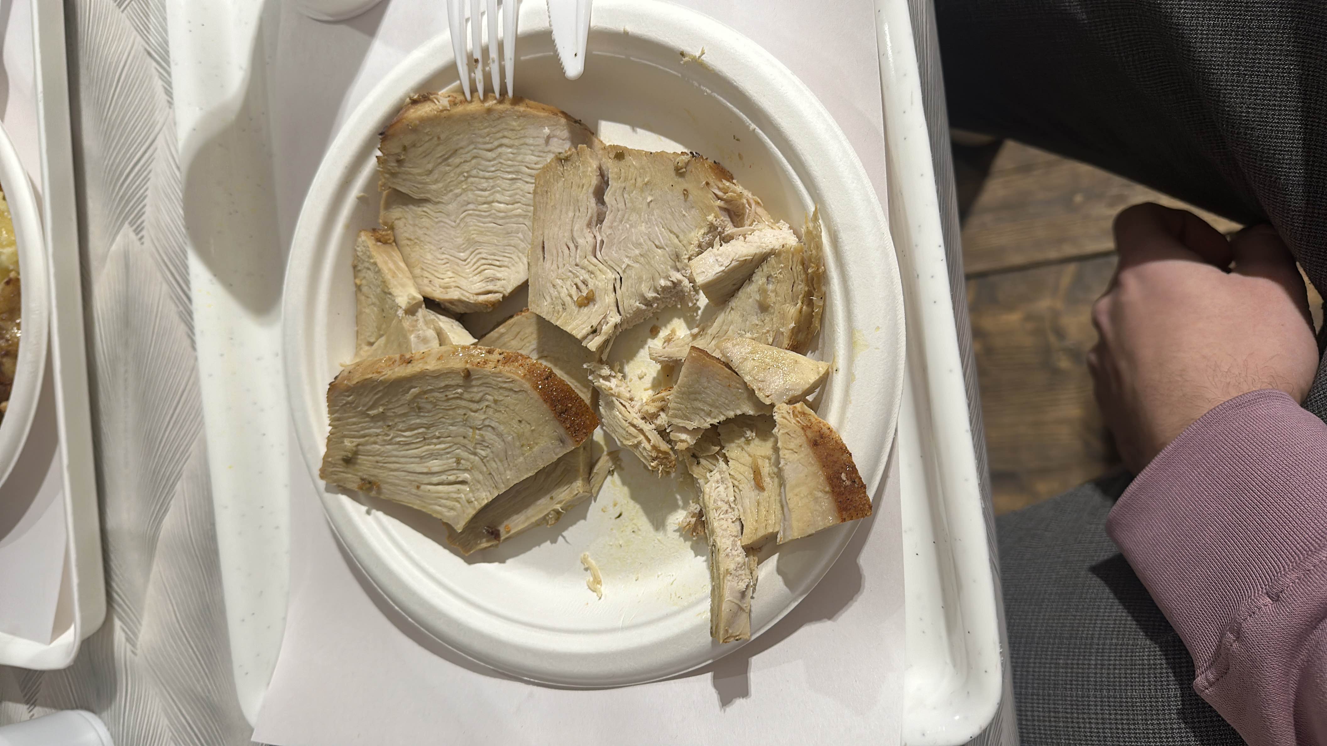 The image shows a plate of turkey slices, which are high in protein and low in carbohydrates.