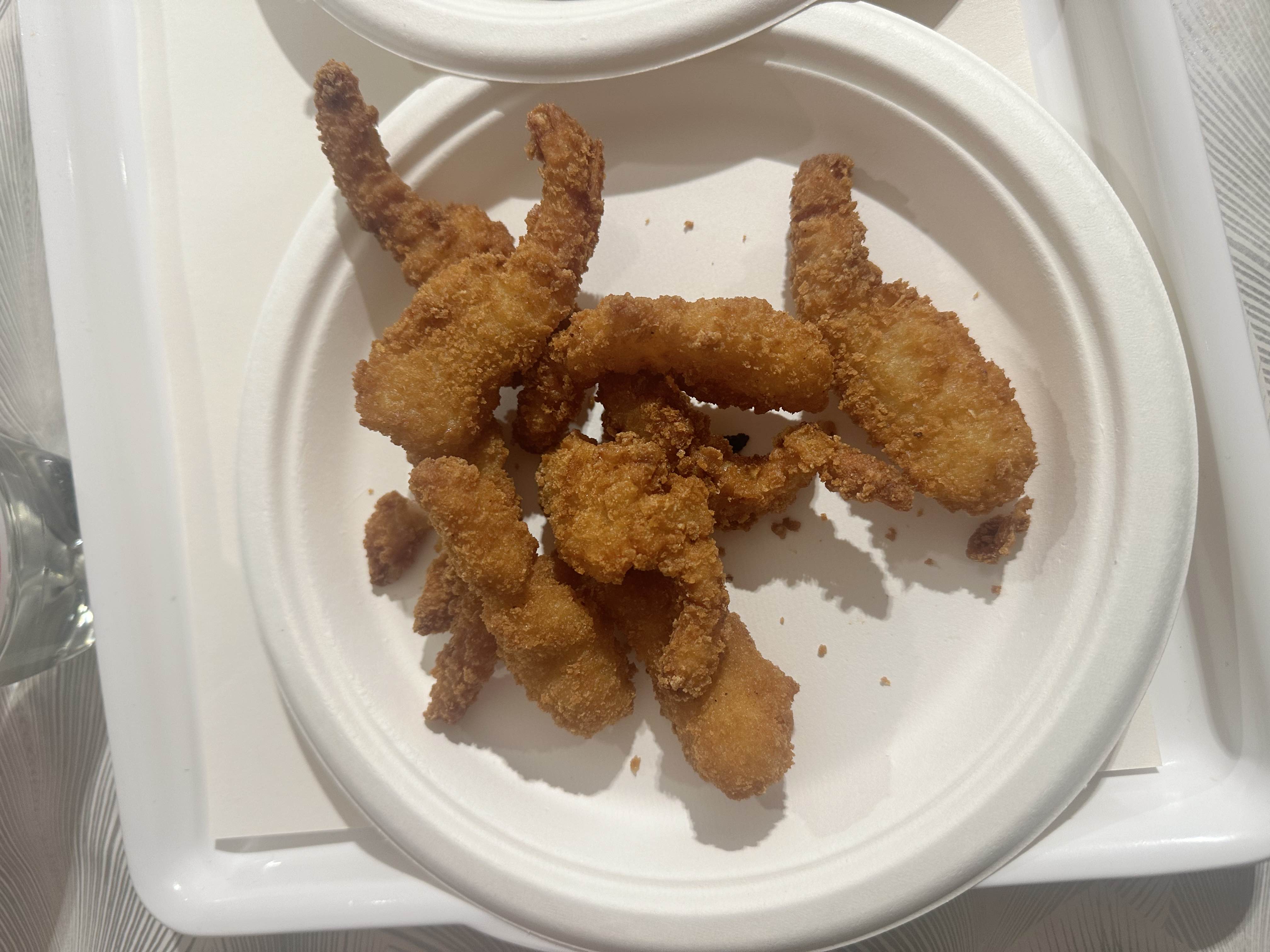 A plate of breaded and fried chicken strips, providing a moderate balance of protein, carbs, and fats.
