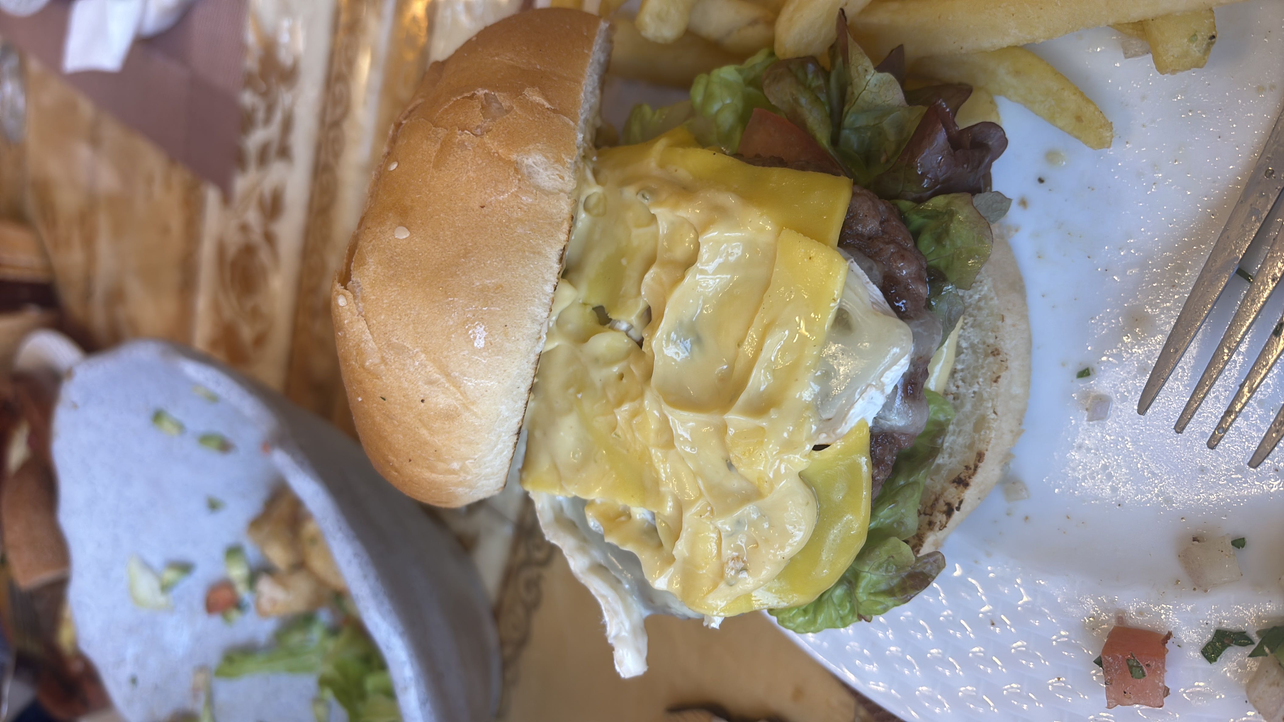 A cheeseburger with lettuce, mayonnaise, and a side of fries.