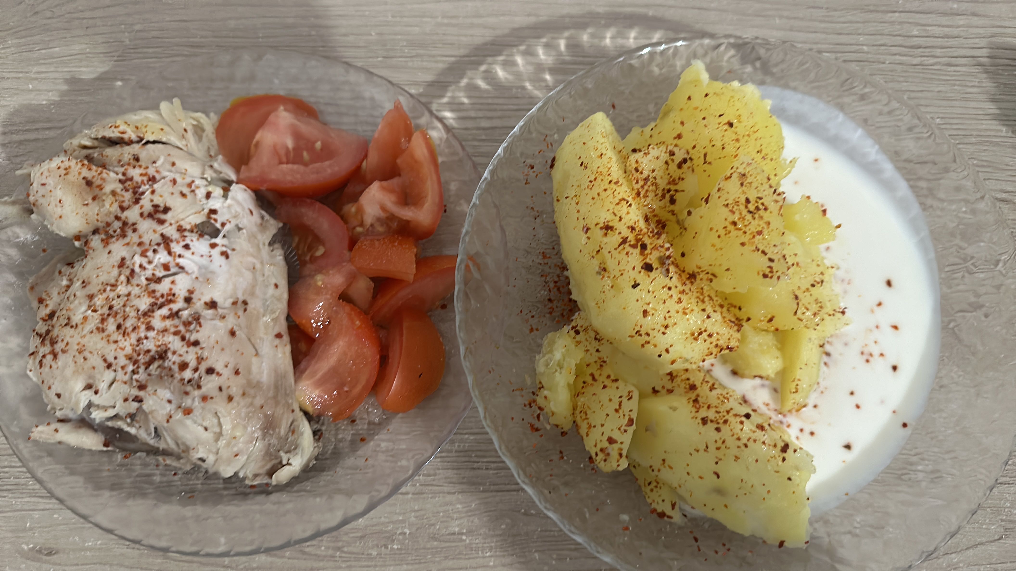 A balanced meal consisting of chicken breast, tomatoes, potatoes, and yogurt, seasoned with spices.