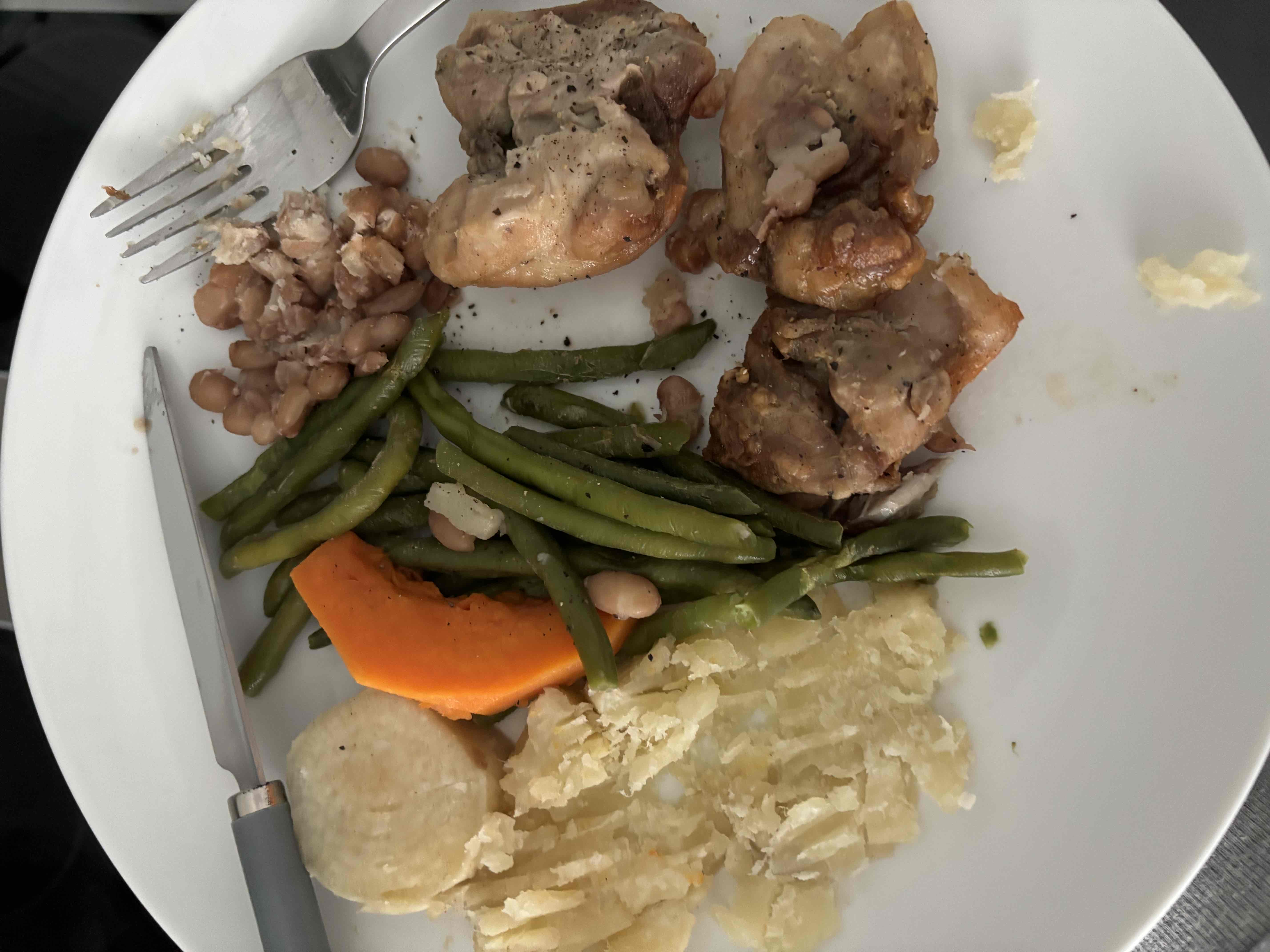 A balanced meal consisting of chicken, green beans, sweet potato, and beans, providing a good mix of protein, carbs, and fats.