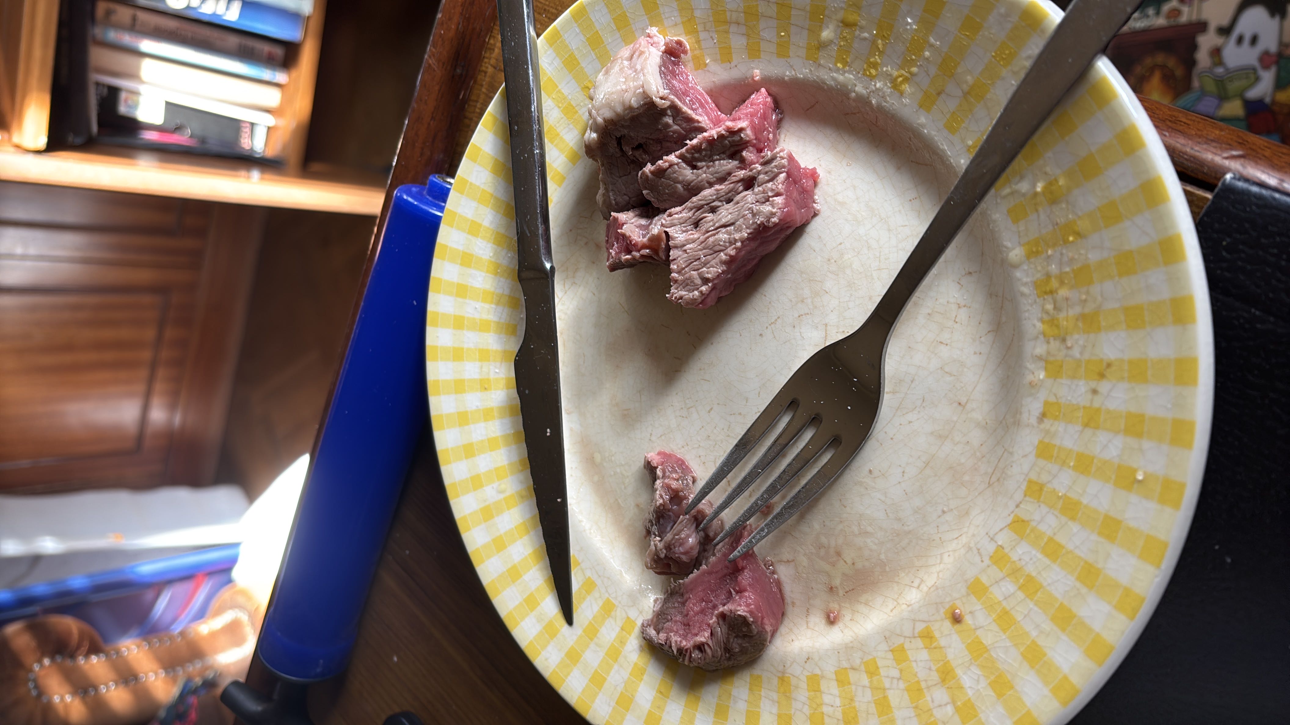 A partially eaten beef steak, high in protein and fats, with no carbohydrates.