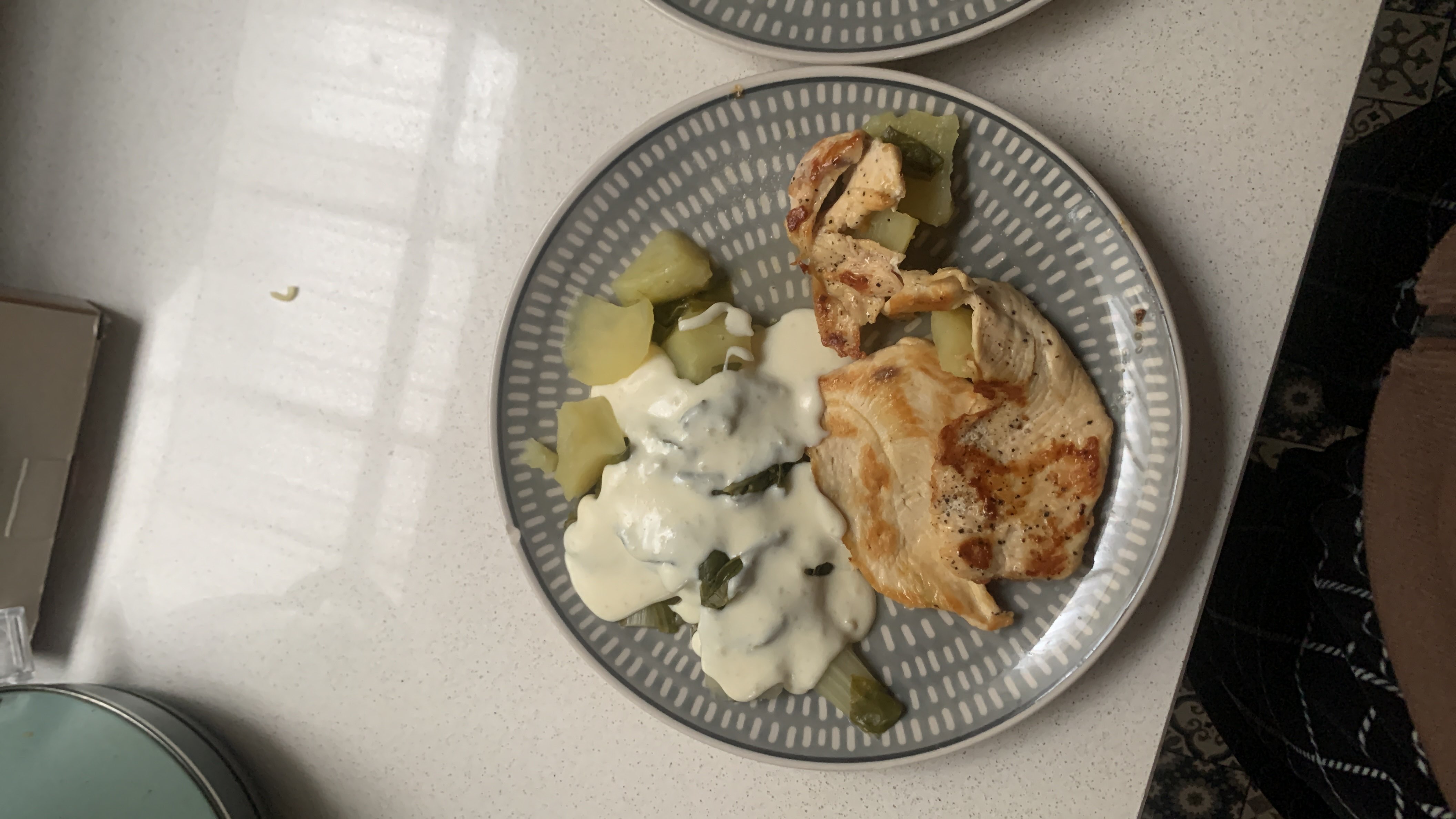 A balanced meal consisting of grilled chicken breast, steamed vegetables, and a creamy sauce.