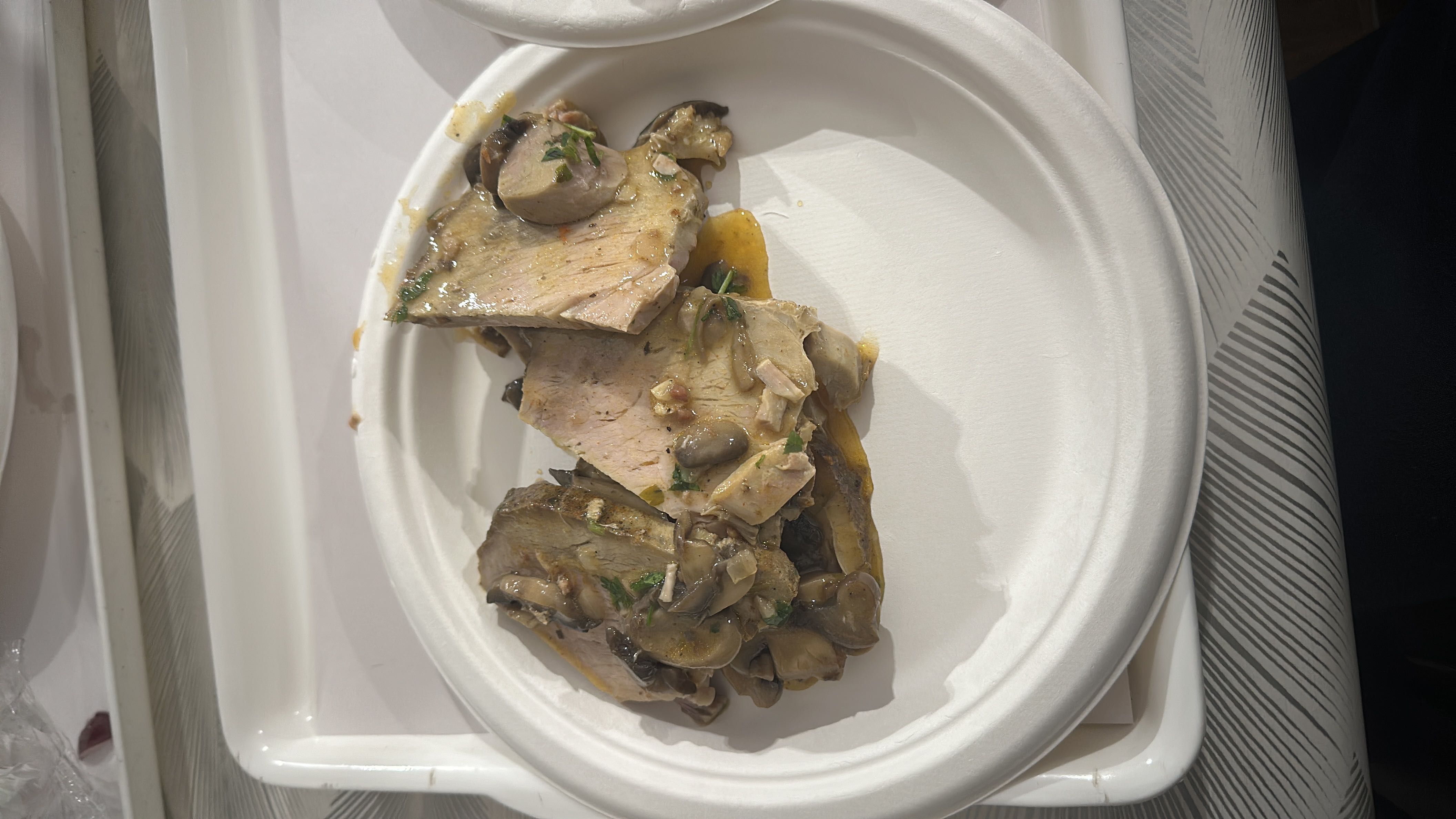 A dish consisting of pork slices served with mushrooms and a light sauce, providing a balanced mix of protein, fats, and carbs.