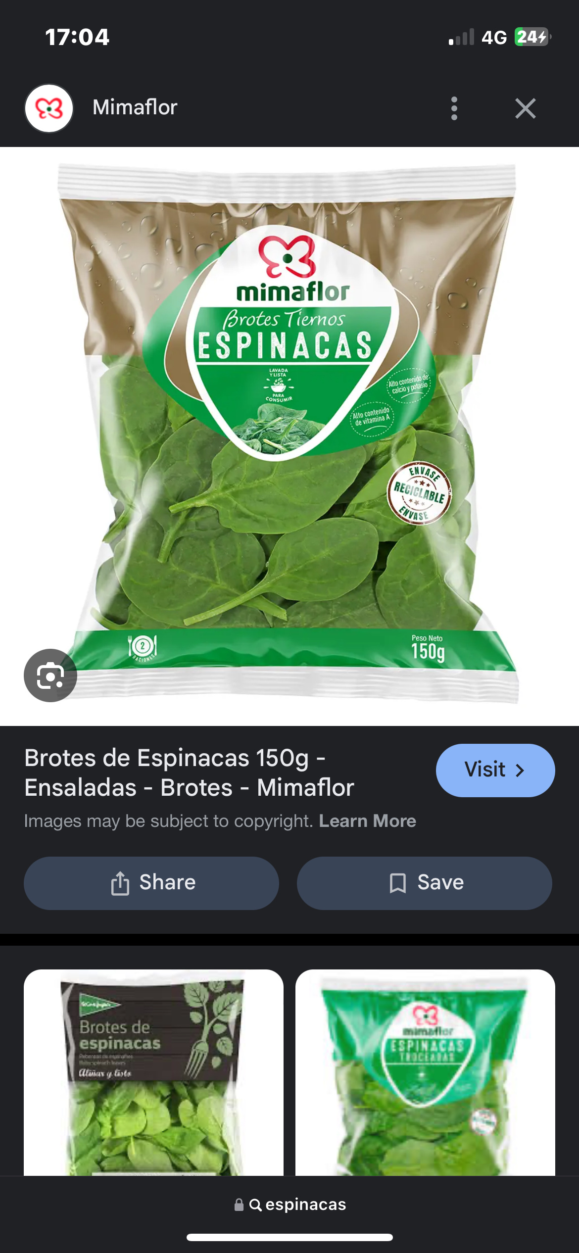 This is a 150g package of fresh spinach leaves, a low-calorie, nutrient-rich vegetable high in vitamins A and C, calcium, and potassium.