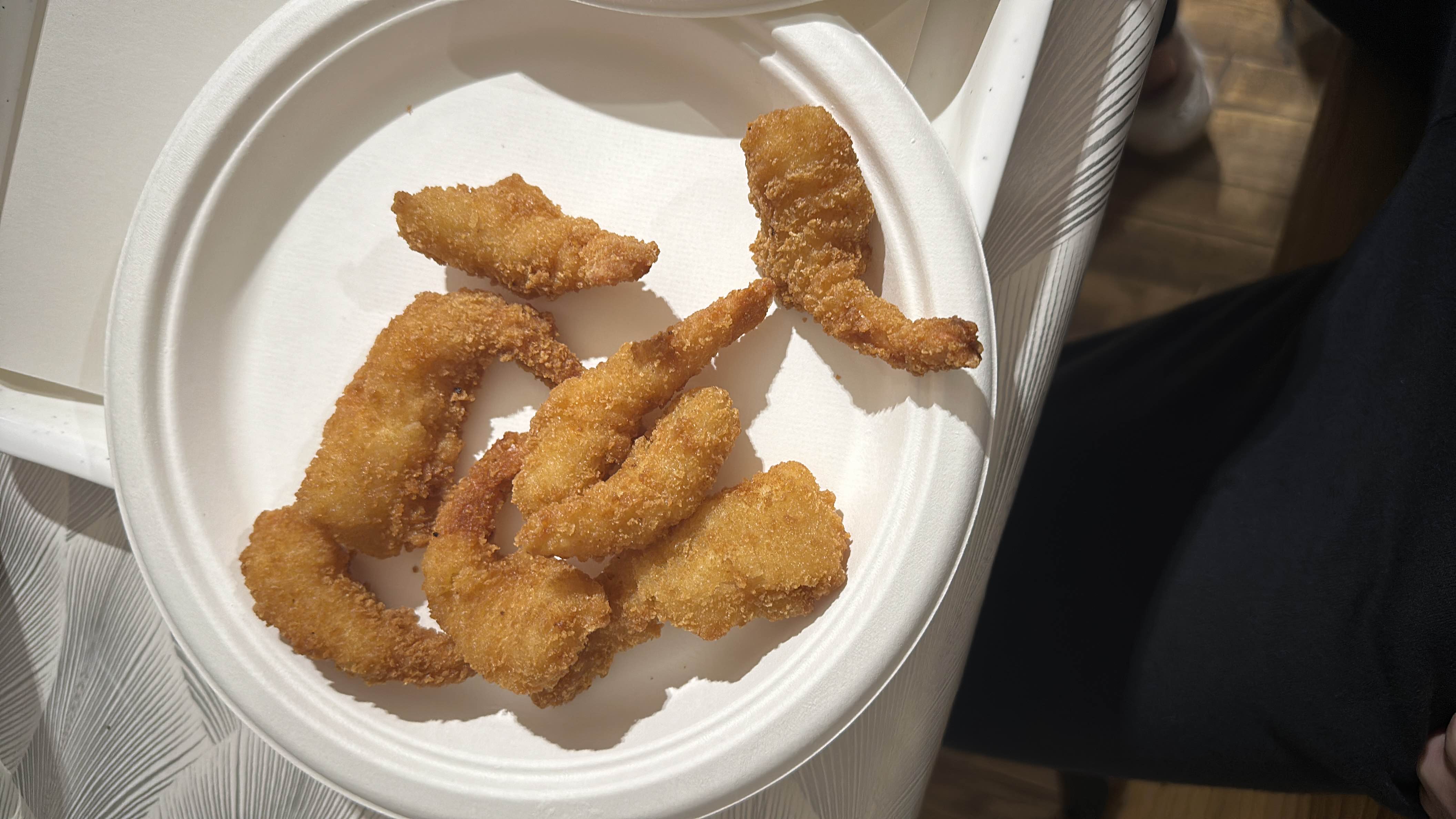A plate of breaded and fried shrimp, providing a moderate amount of calories, protein, and fats.