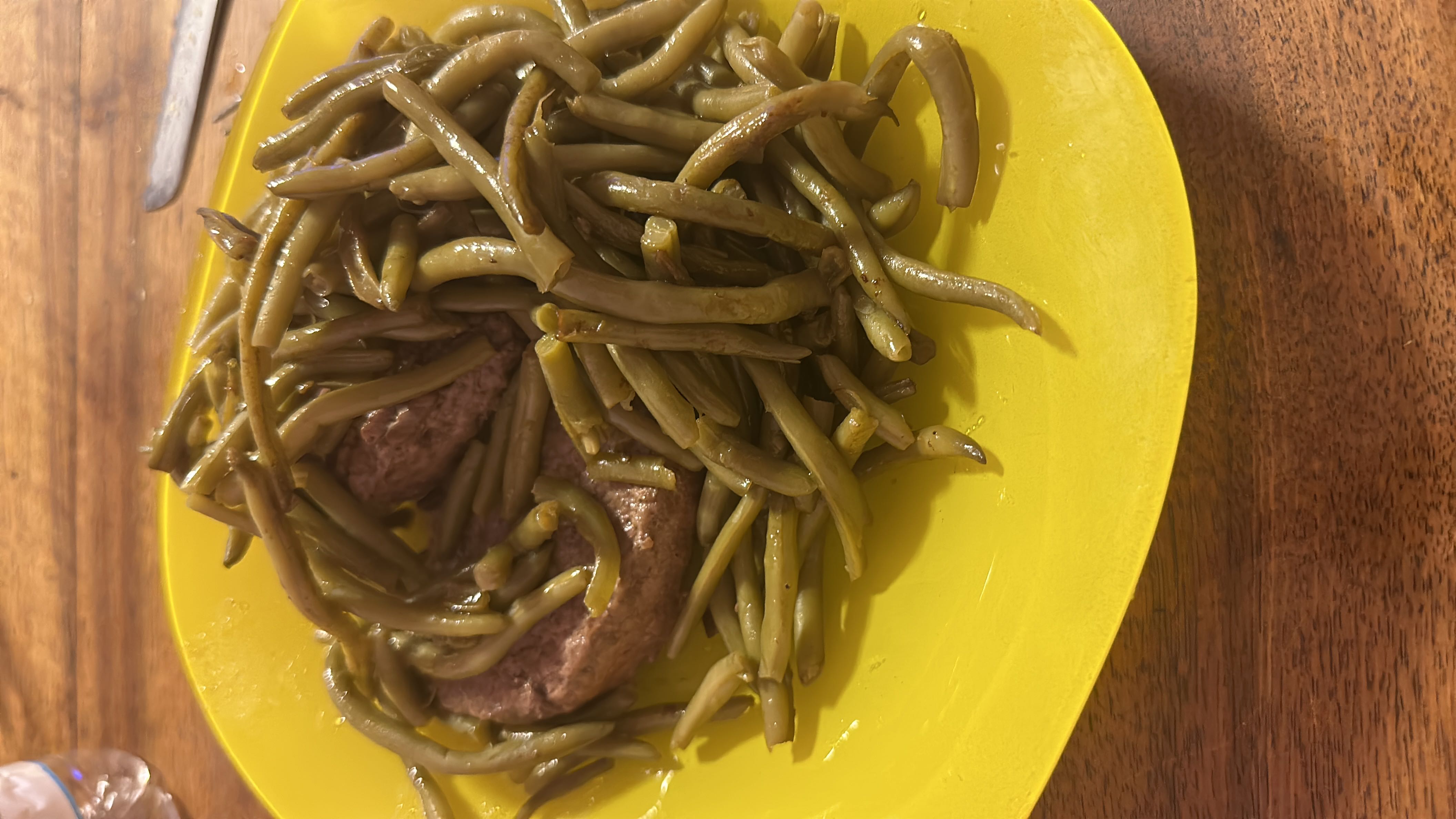 A dish consisting of a beef patty topped with cooked green beans, served on a yellow plate.