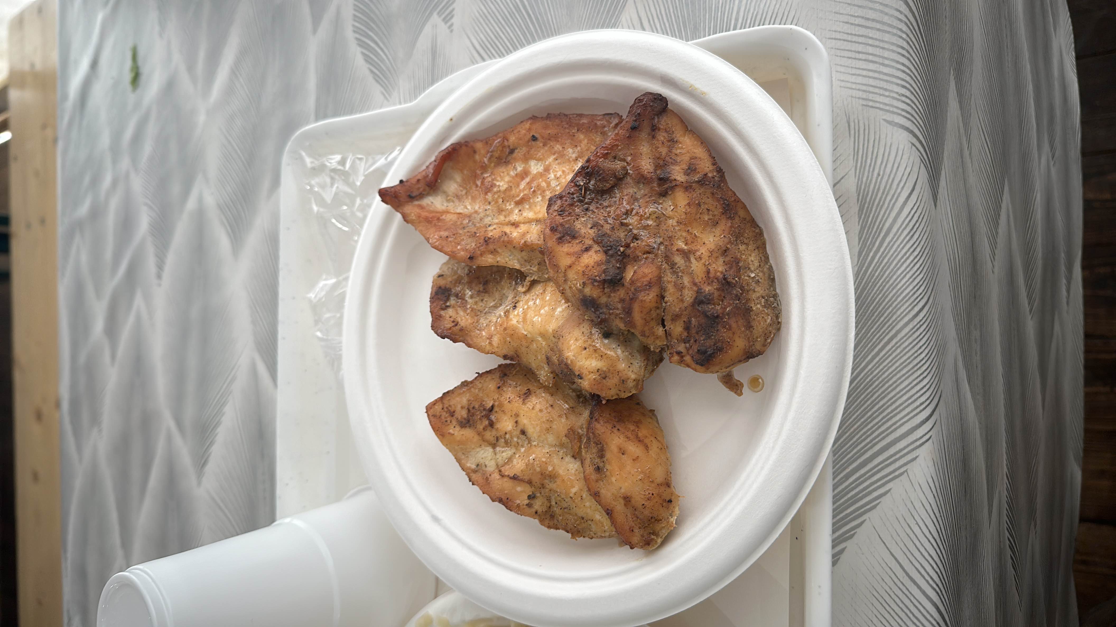 A plate of grilled chicken breast, high in protein and low in carbohydrates, making it a healthy meal option.