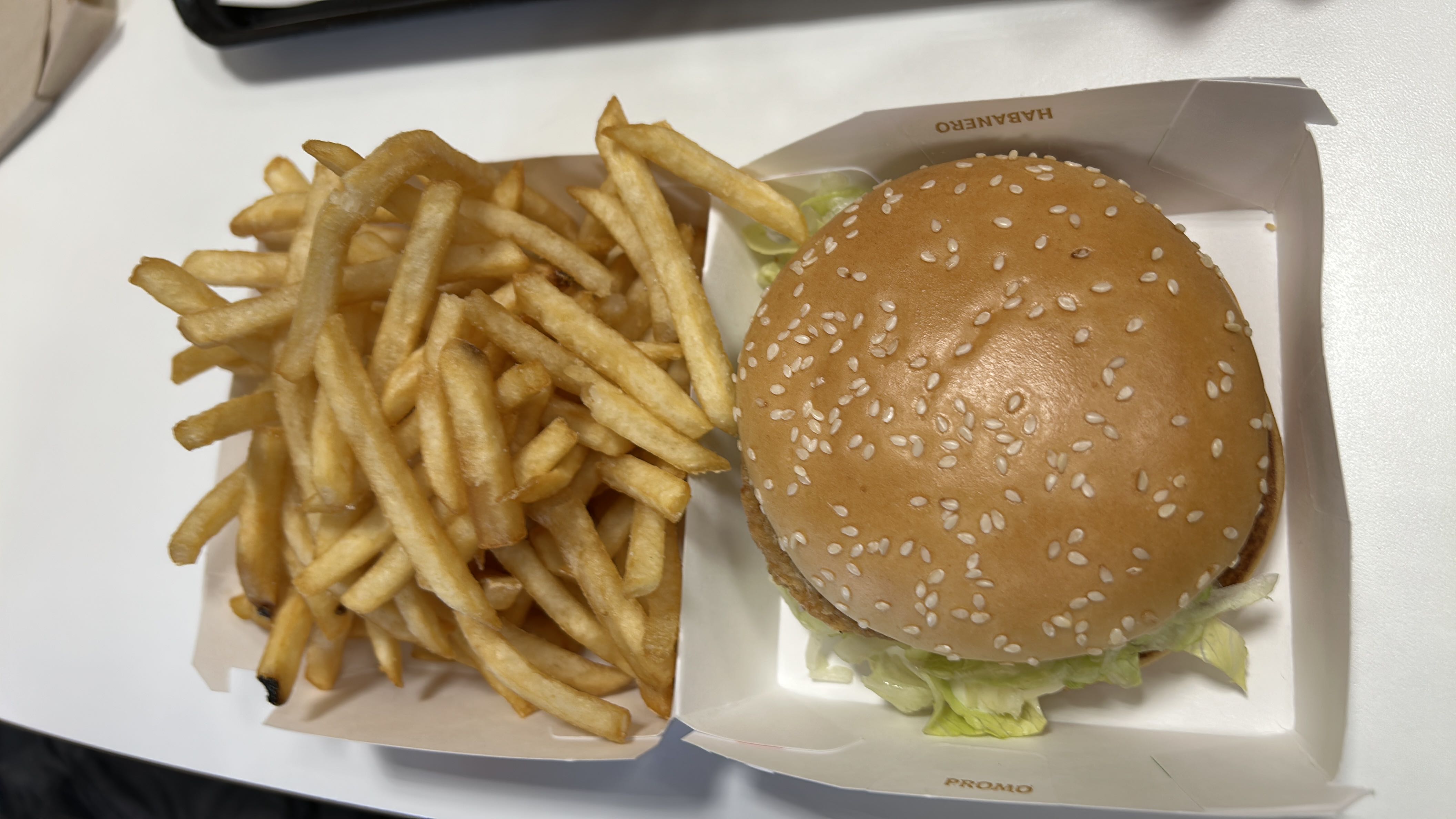 A meal consisting of a sesame seed burger with lettuce and a side of French fries.