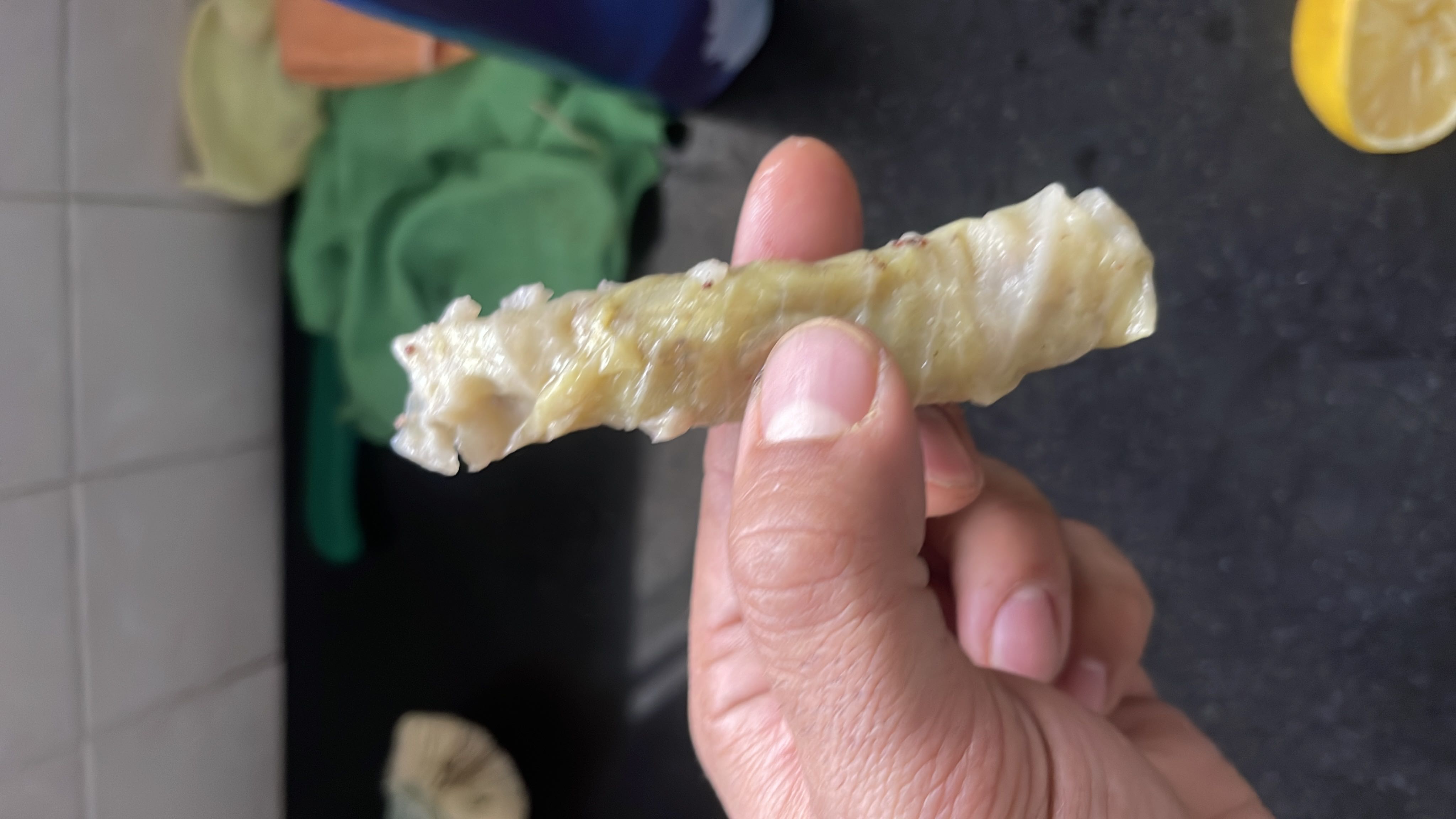 A hand holding a stuffed cabbage roll, likely a low-calorie snack or appetizer.