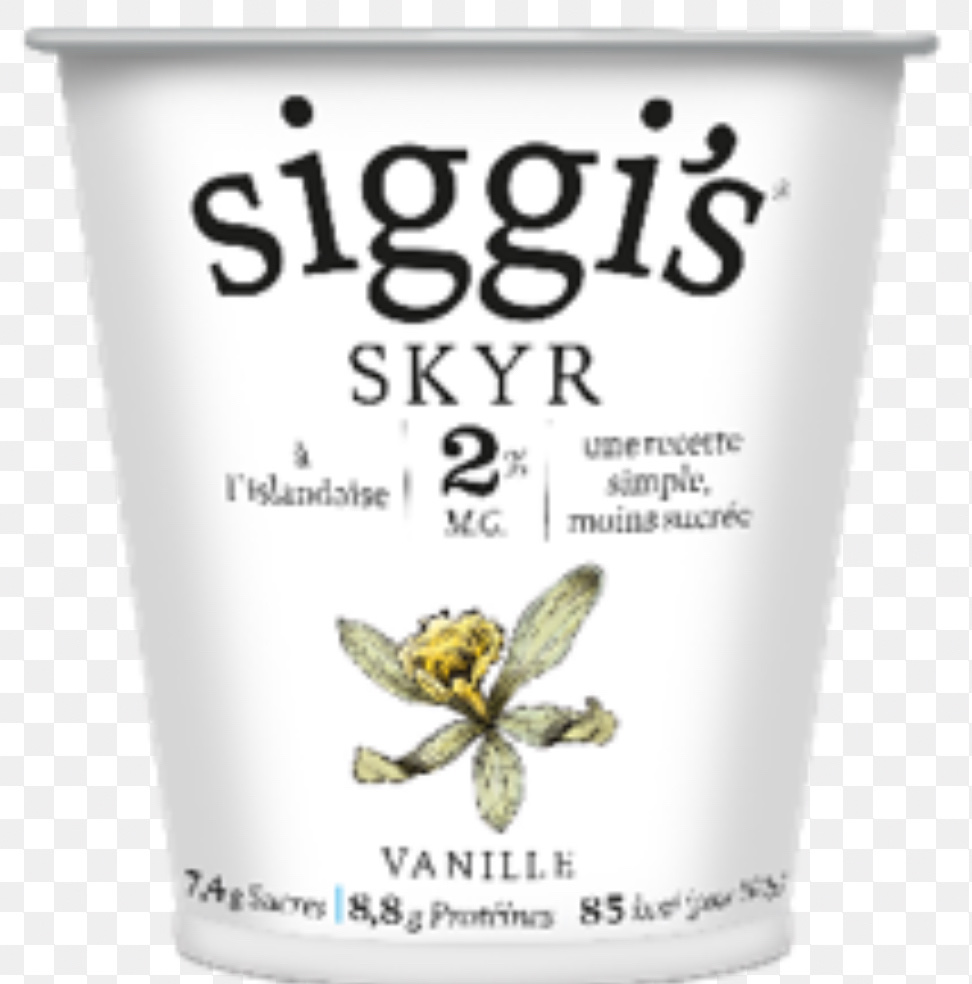 Siggi's Skyr vanilla yogurt with 2% milk fat, low sugar, and high protein content.
