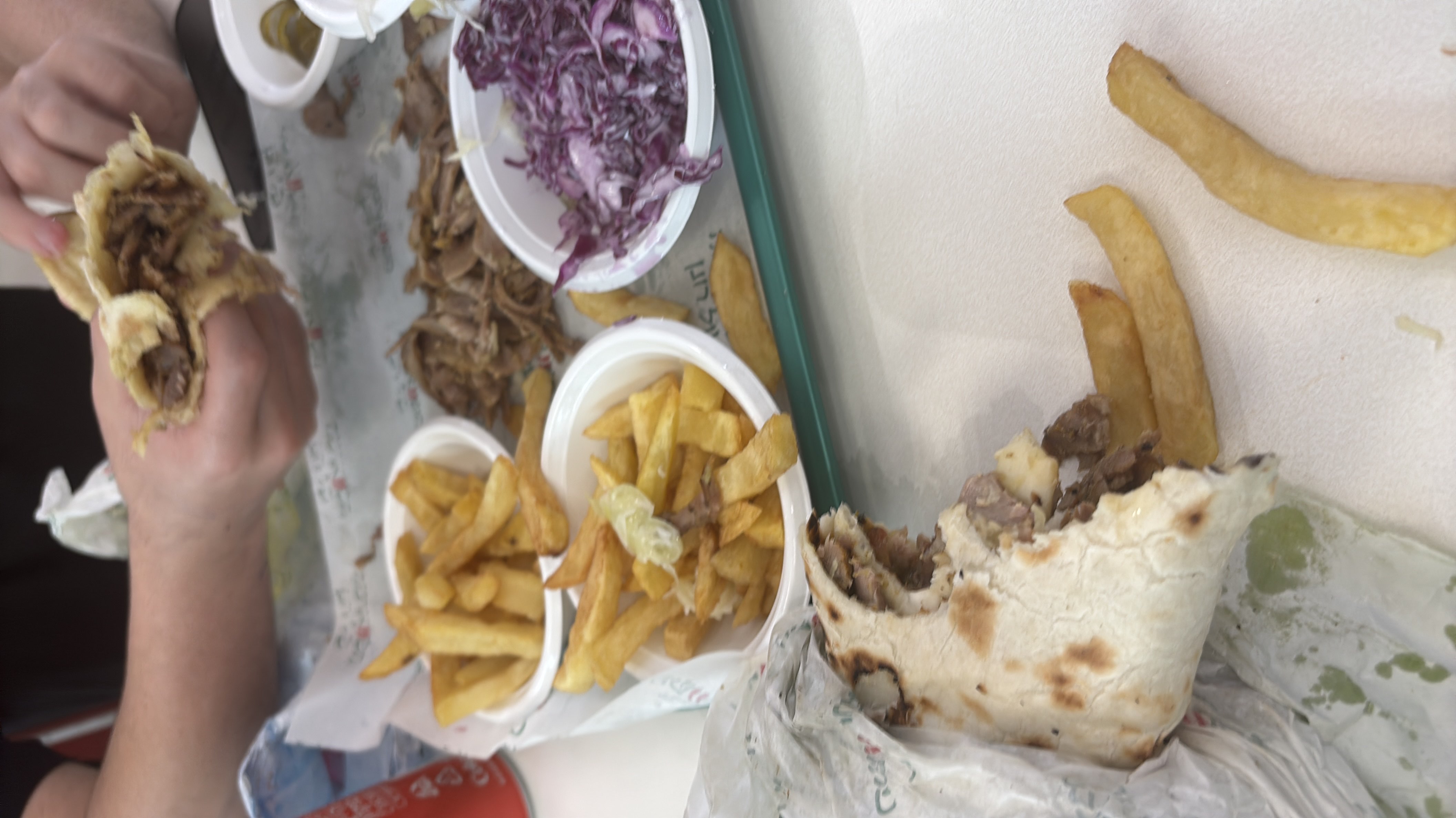 A meal consisting of a pita wrap with grilled meat, French fries, and a side of coleslaw.
