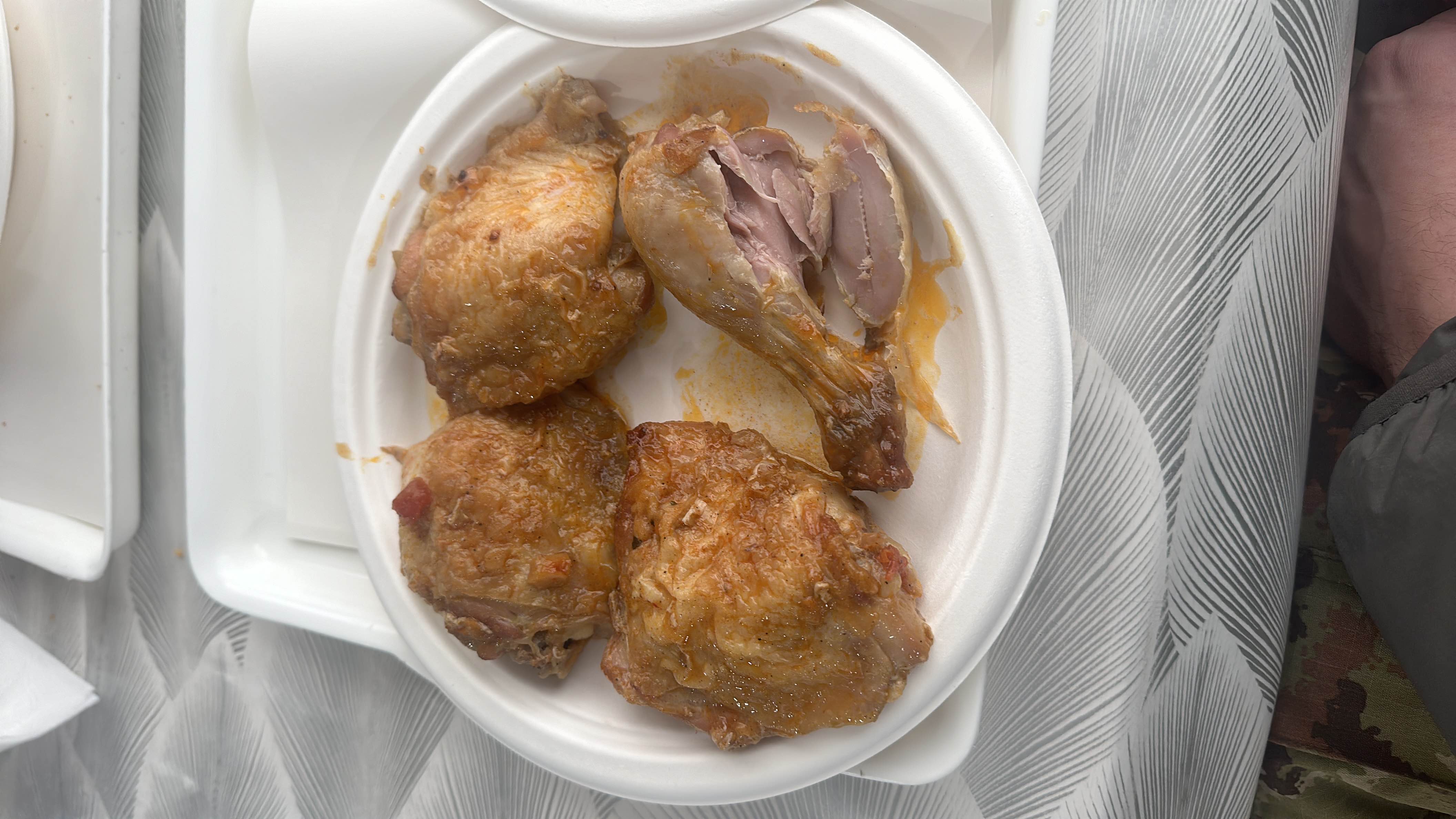 A plate of roasted chicken thighs and drumstick, high in protein and fats with minimal carbohydrates.