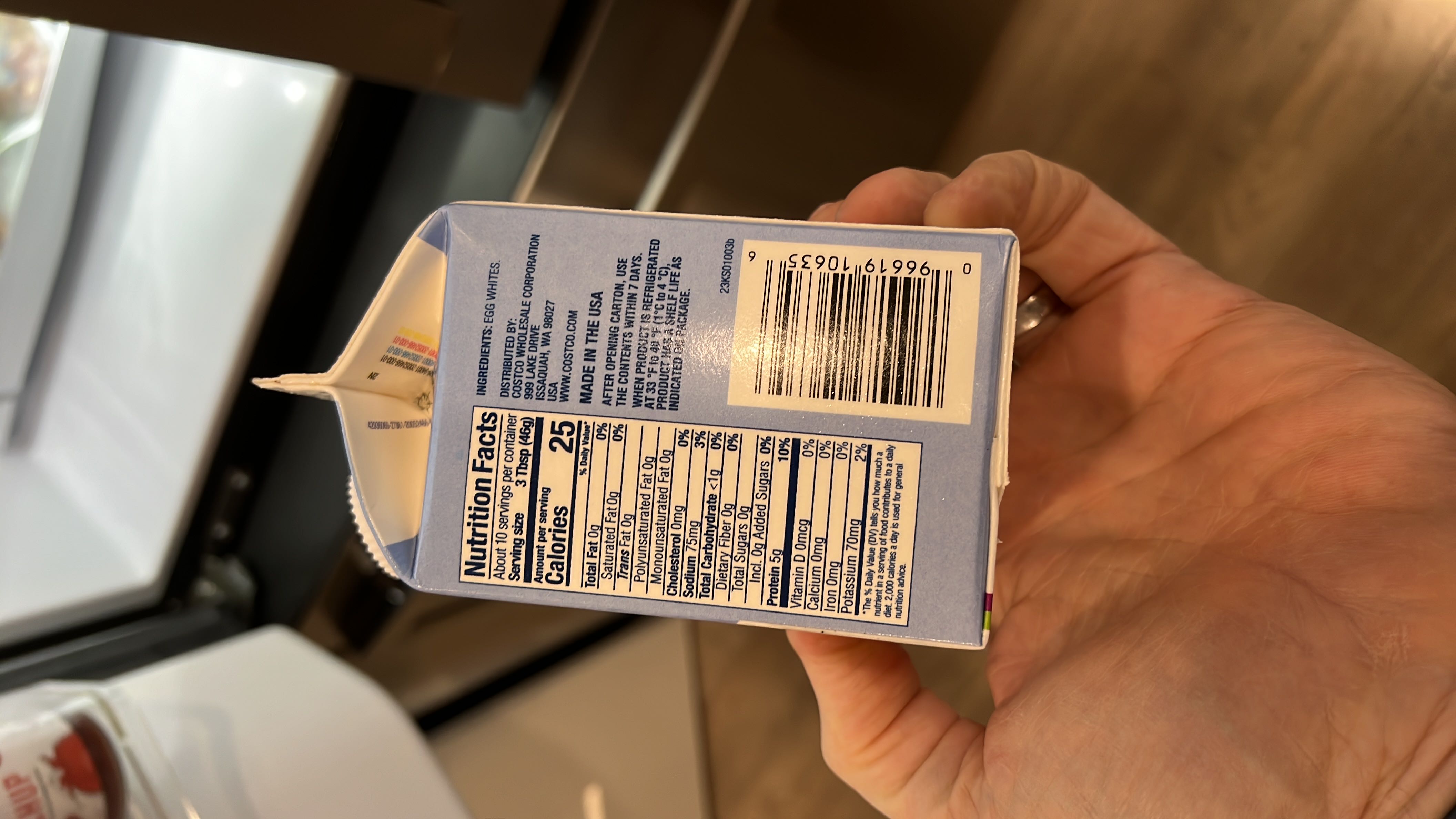 This product contains egg whites with 25 calories per serving, 5g of protein, and no fats or carbohydrates, making it a low-calorie, high-protein option.