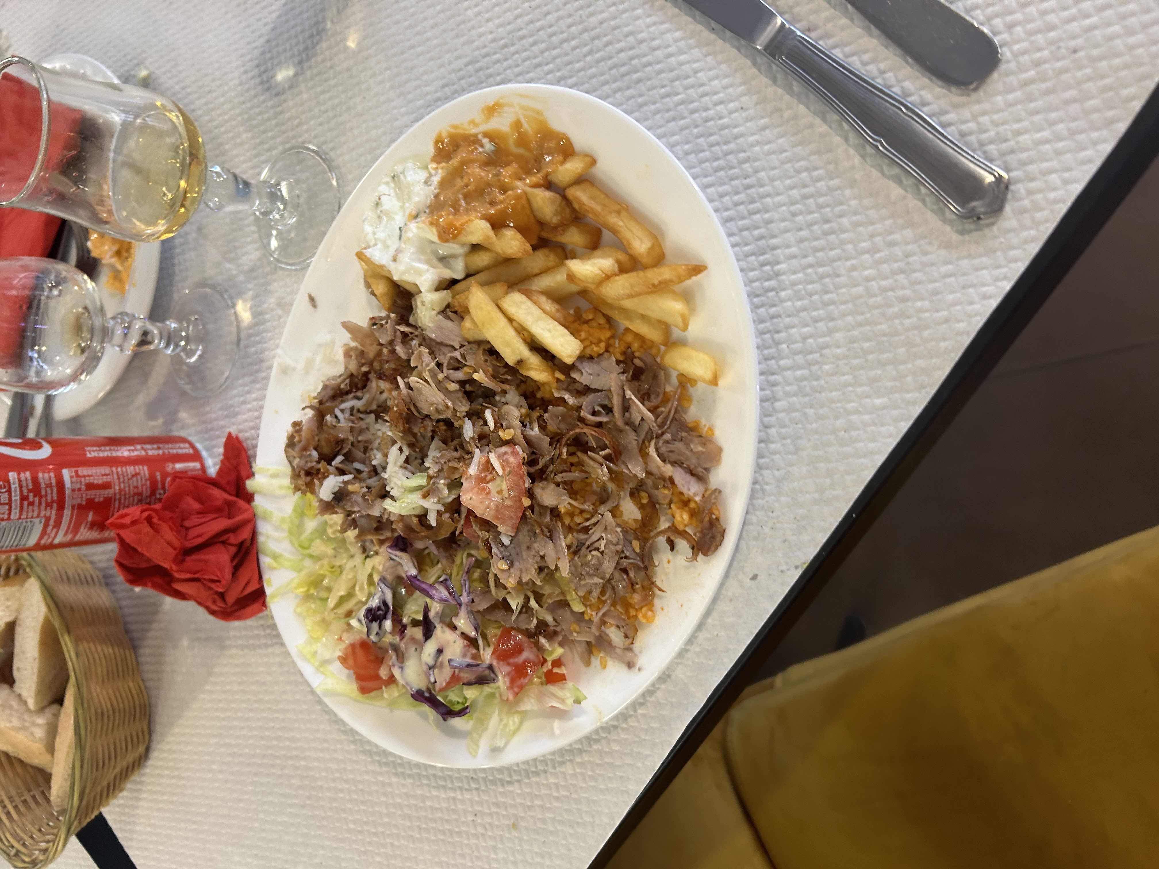 A mixed plate containing shredded meat, French fries, salad, rice, and sauces.