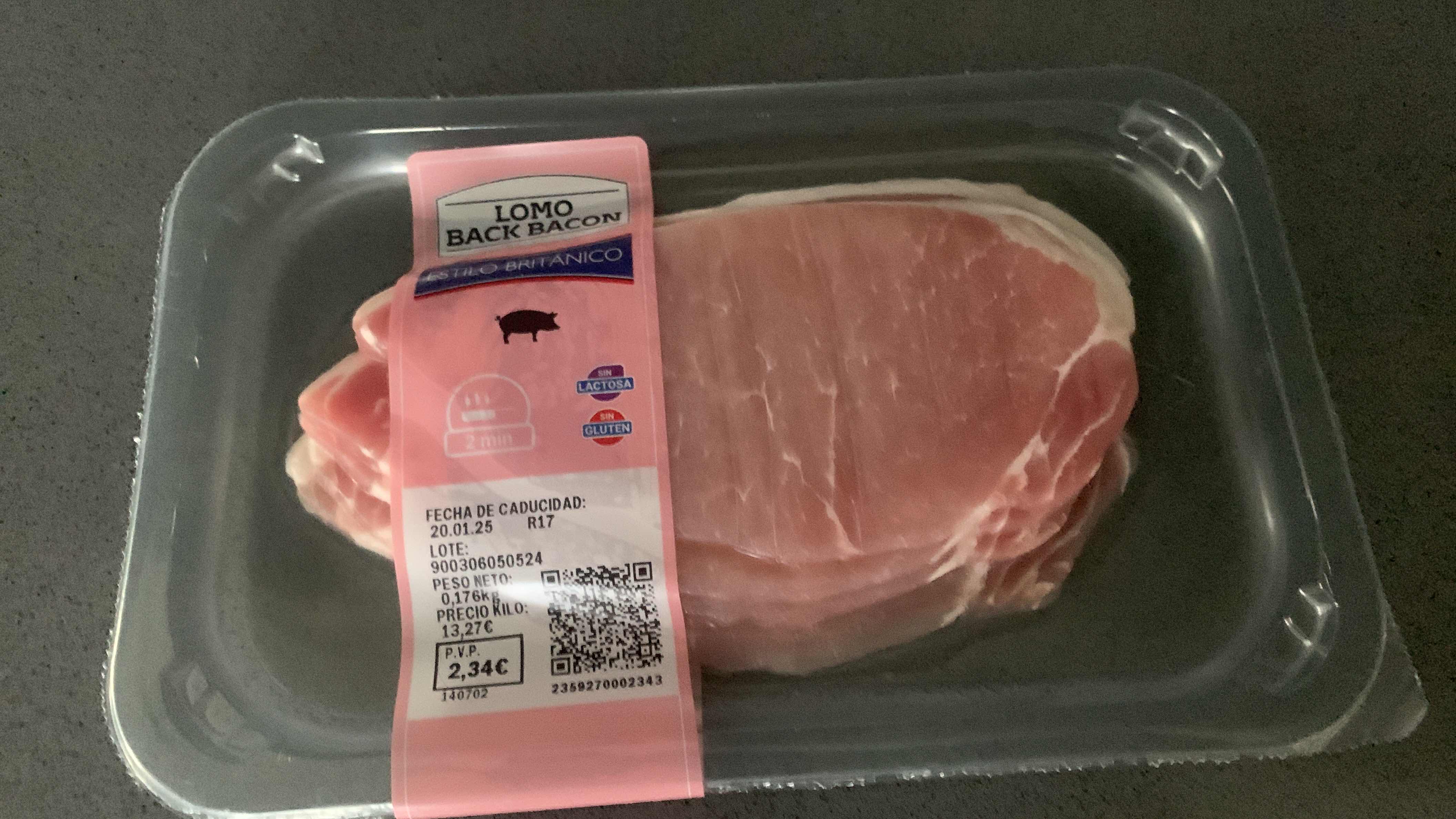 This is a packaged pork loin bacon, high in protein and fats, with no carbohydrates.