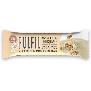 A white chocolate and cookie dough flavored vitamin and protein bar with 20g of protein, low sugar, and 200 calories.