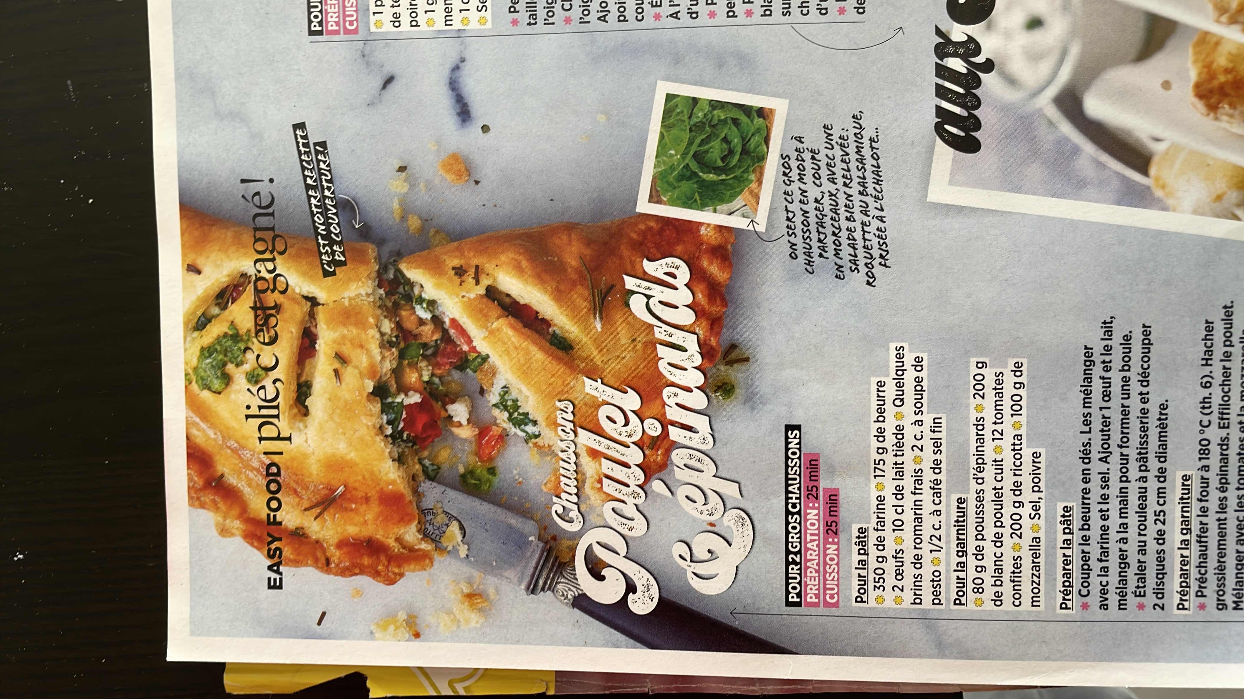 This is a recipe for chicken and spinach turnovers, featuring a flaky pastry filled with spinach, chicken, ricotta, and mozzarella. It is a balanced dish with moderate protein, carbs, and fats.