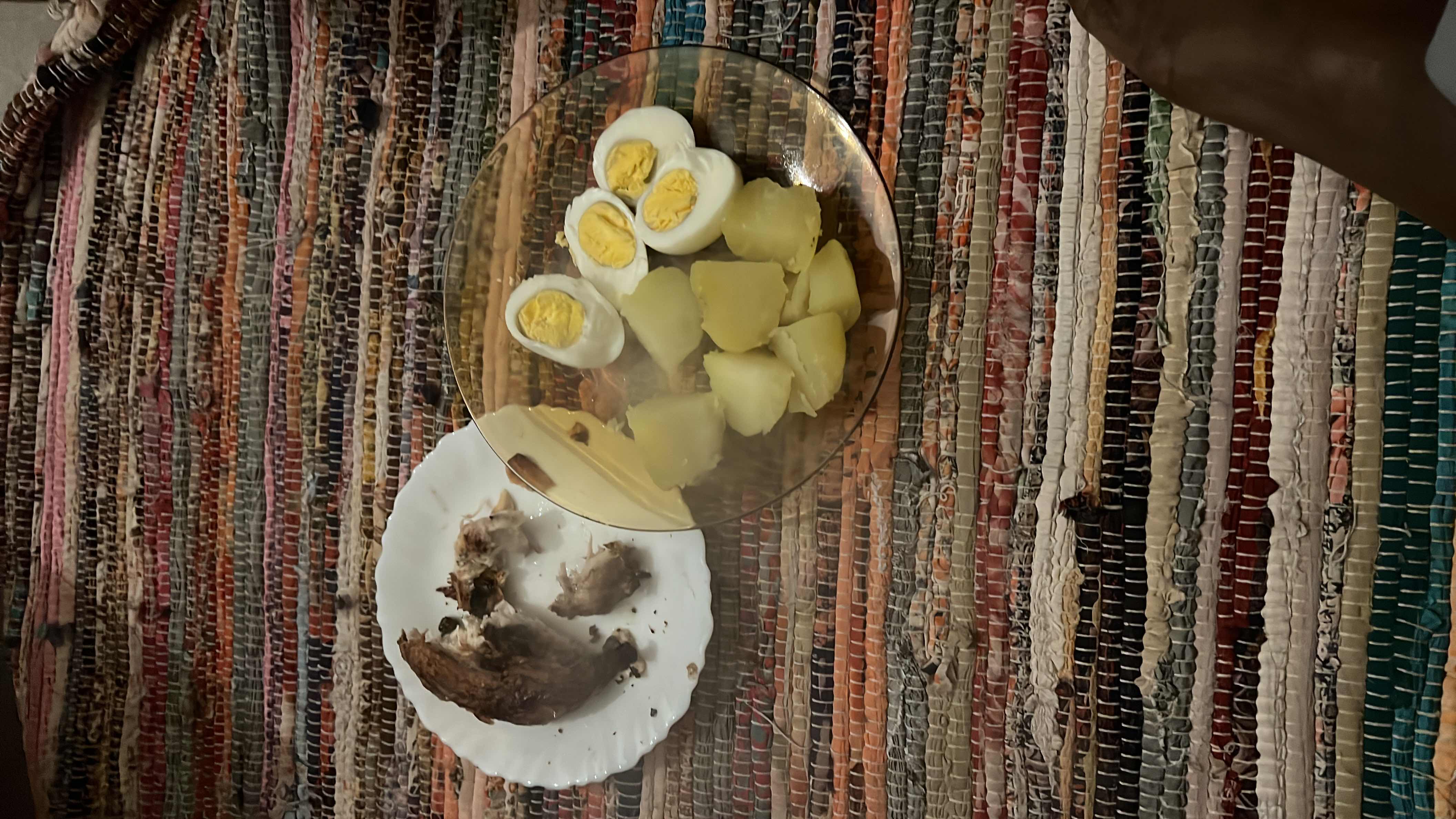 A meal consisting of boiled eggs, boiled potatoes, and grilled chicken, providing a balanced mix of protein, carbs, and fats.