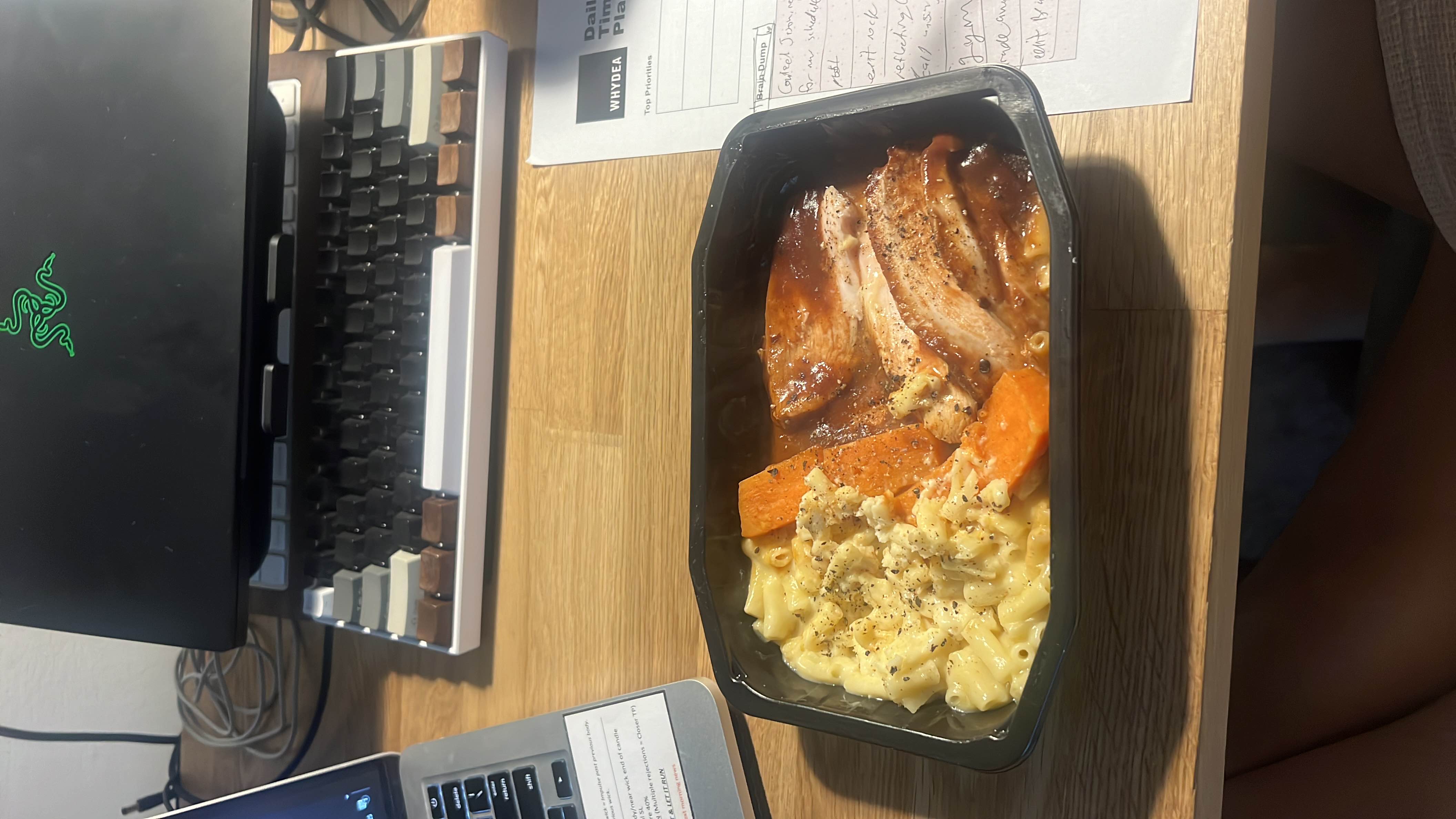 A meal consisting of grilled chicken, mac and cheese, and roasted sweet potatoes, providing a balanced mix of protein, carbs, and fats.