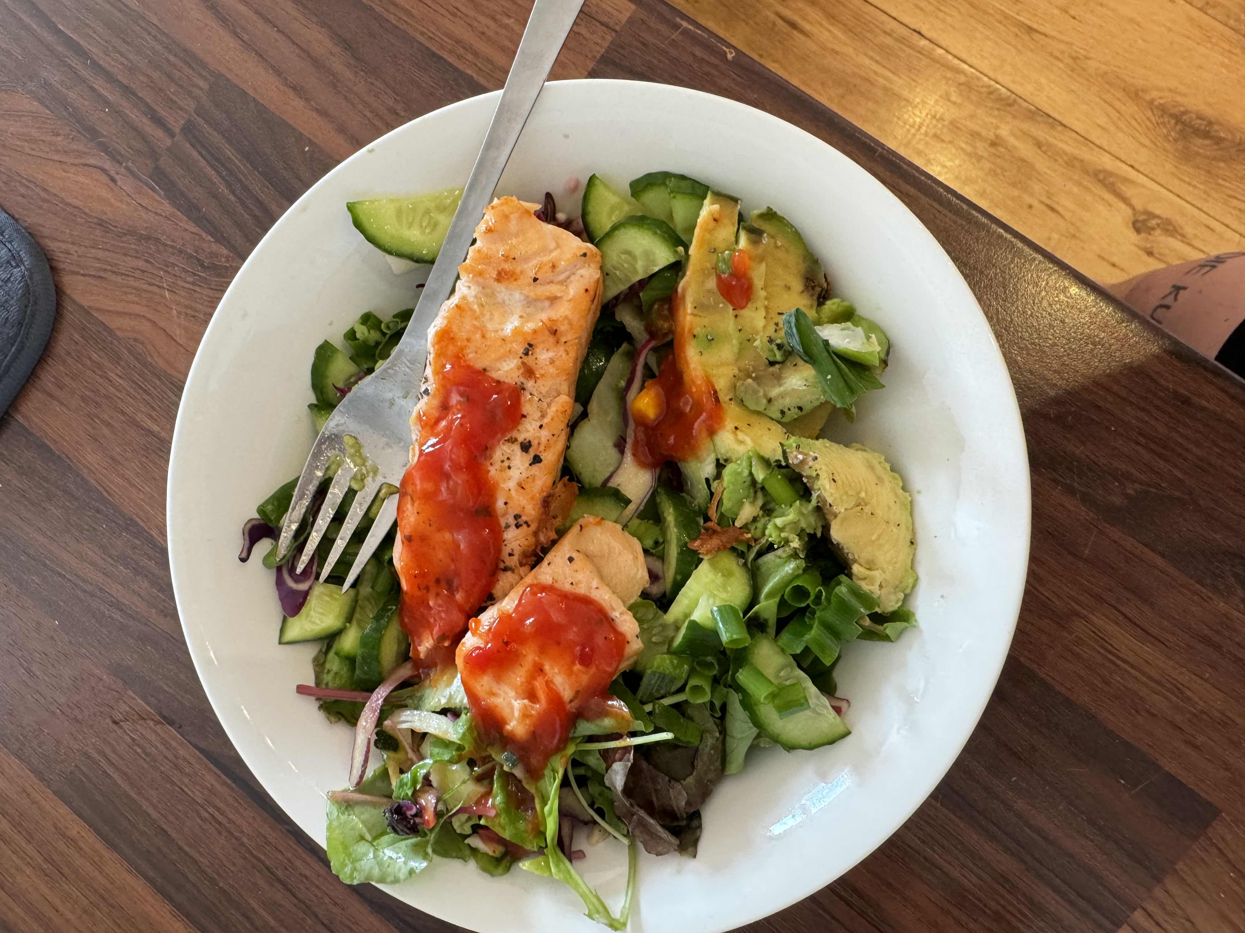 A healthy dish featuring grilled salmon, avocado, mixed greens, cucumber, and a drizzle of tomato sauce.