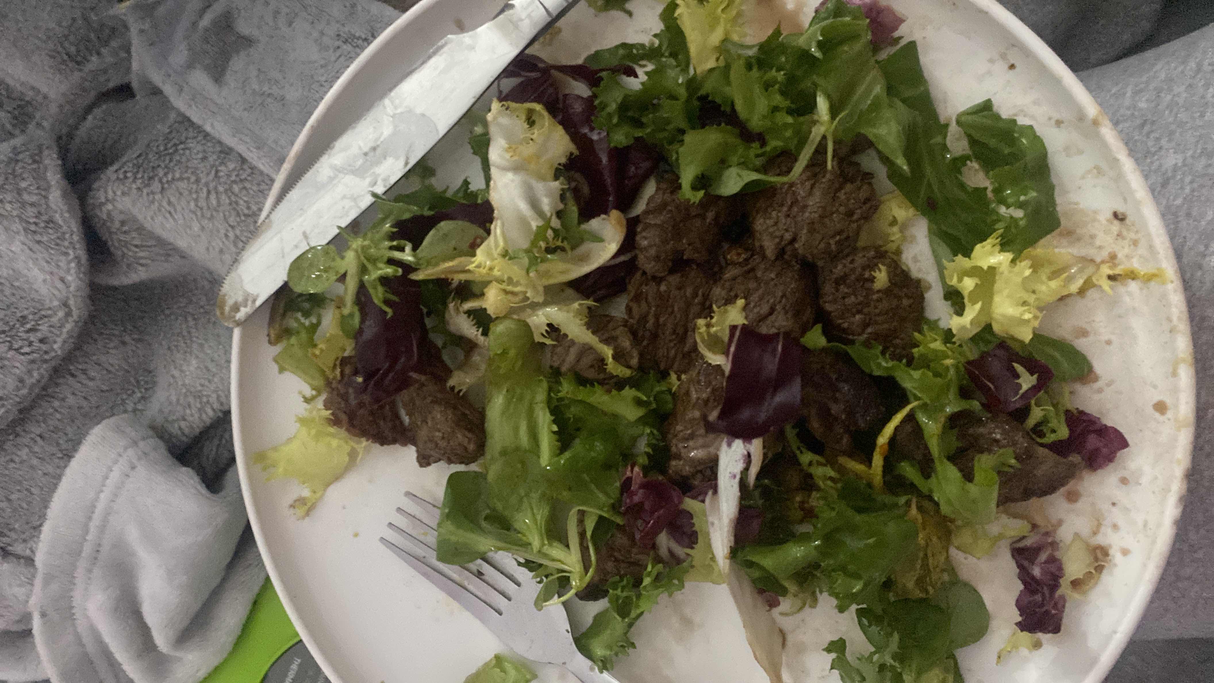 A plate of mixed greens with beef pieces and a light dressing, providing a balanced meal with high protein and moderate fats.