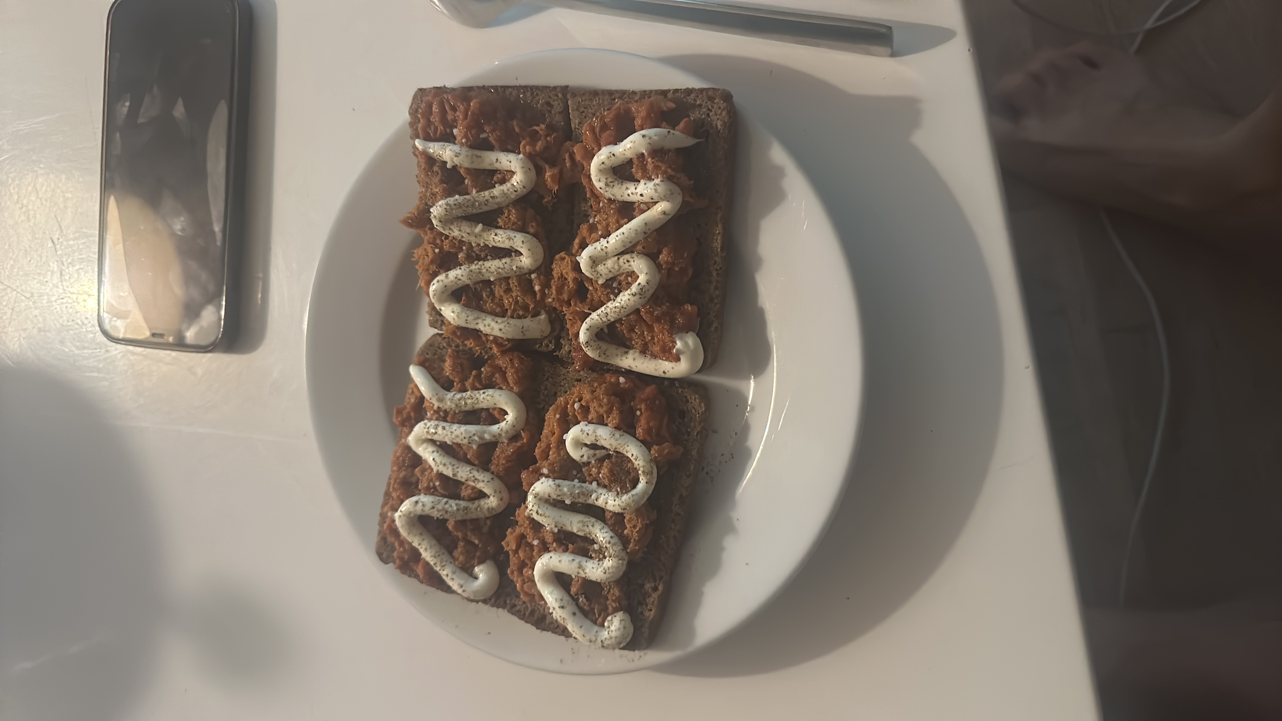 The dish consists of rye bread topped with shredded chicken and mayonnaise, providing a balanced mix of protein, carbs, and fats.