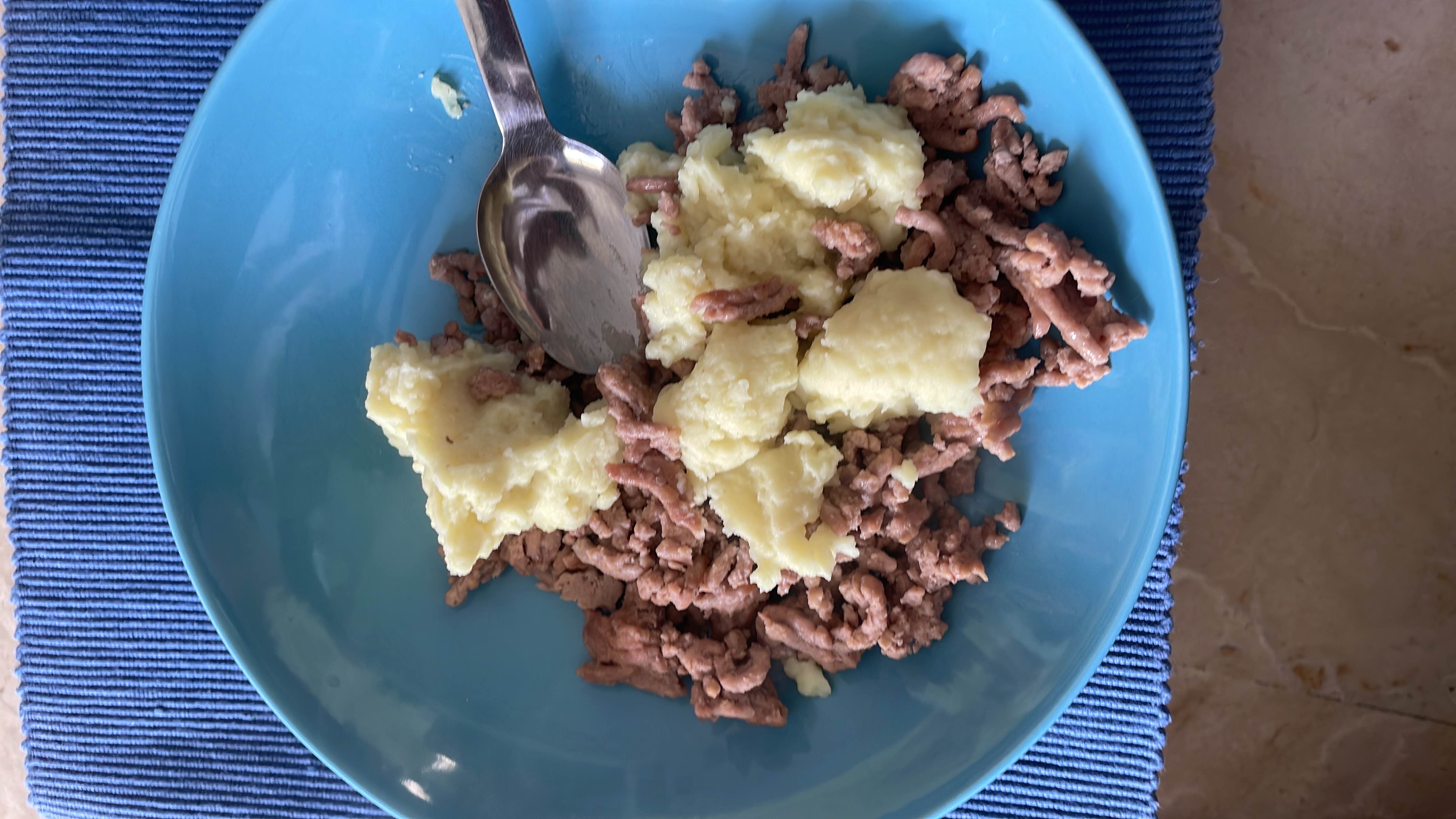 A dish consisting of mashed potatoes and ground meat, providing a balanced mix of protein, carbs, and fats.